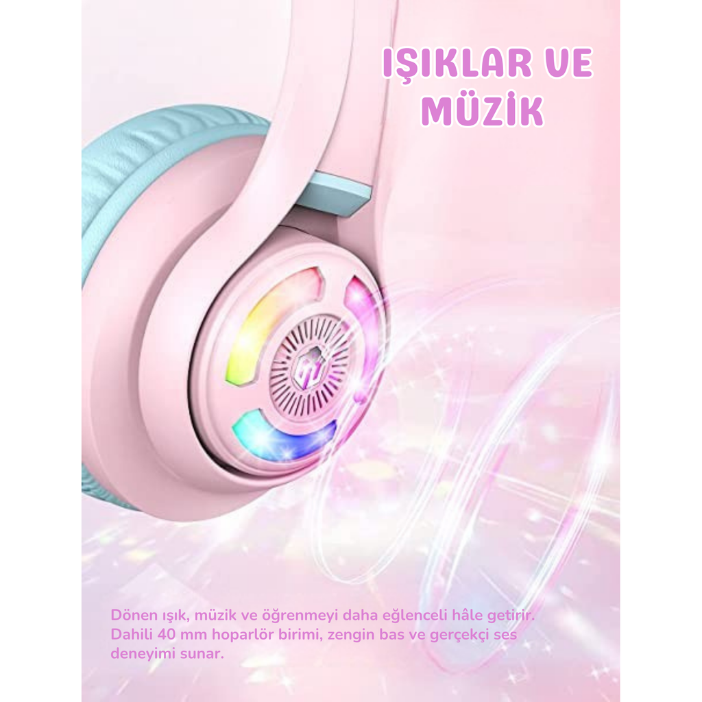 iClever BTH13 Çocuk Bluetooth Kedi Kulaklık – Pembe