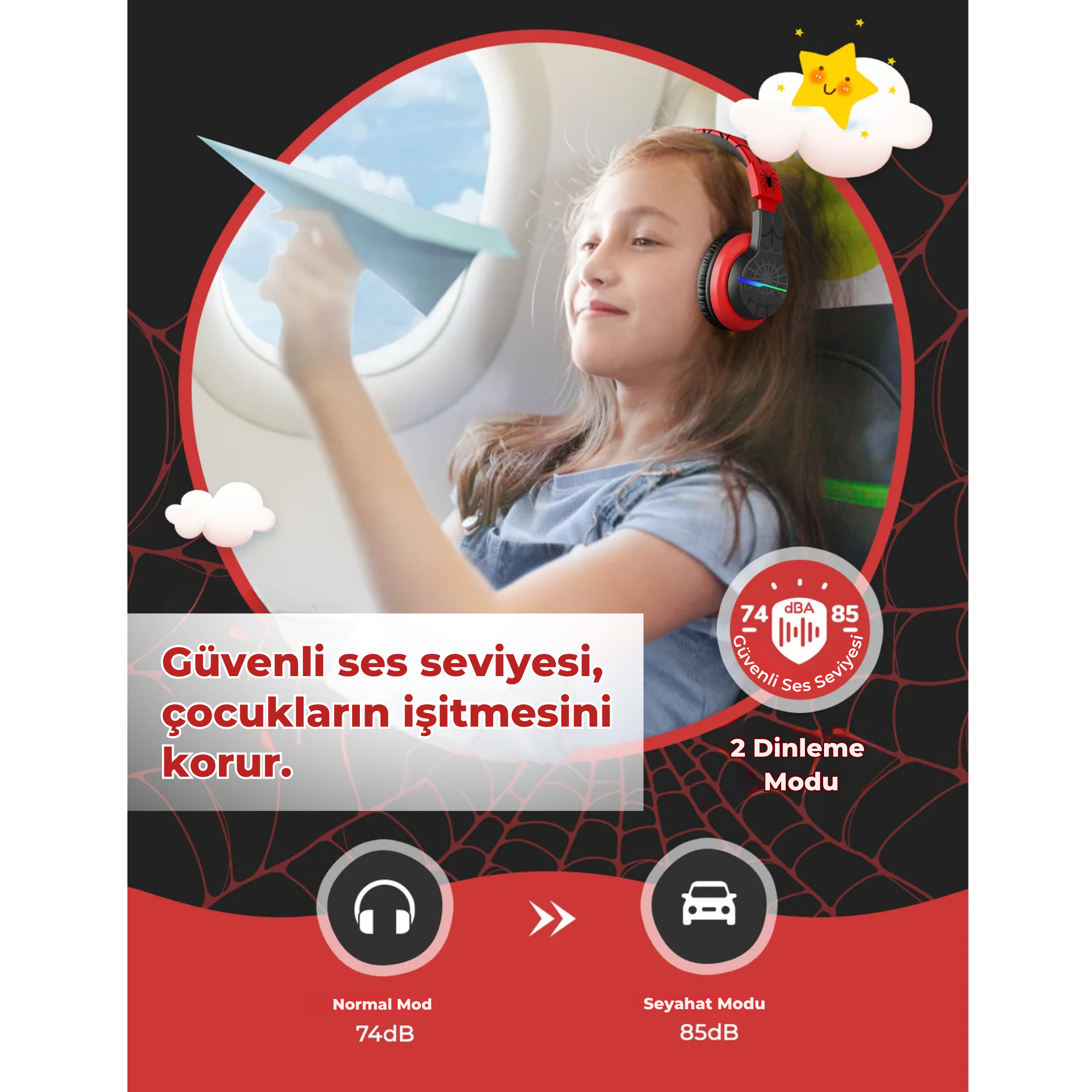 iClever BTH12 Çocuk Bluetooth Kulaklık – Siyah & Kırmızı