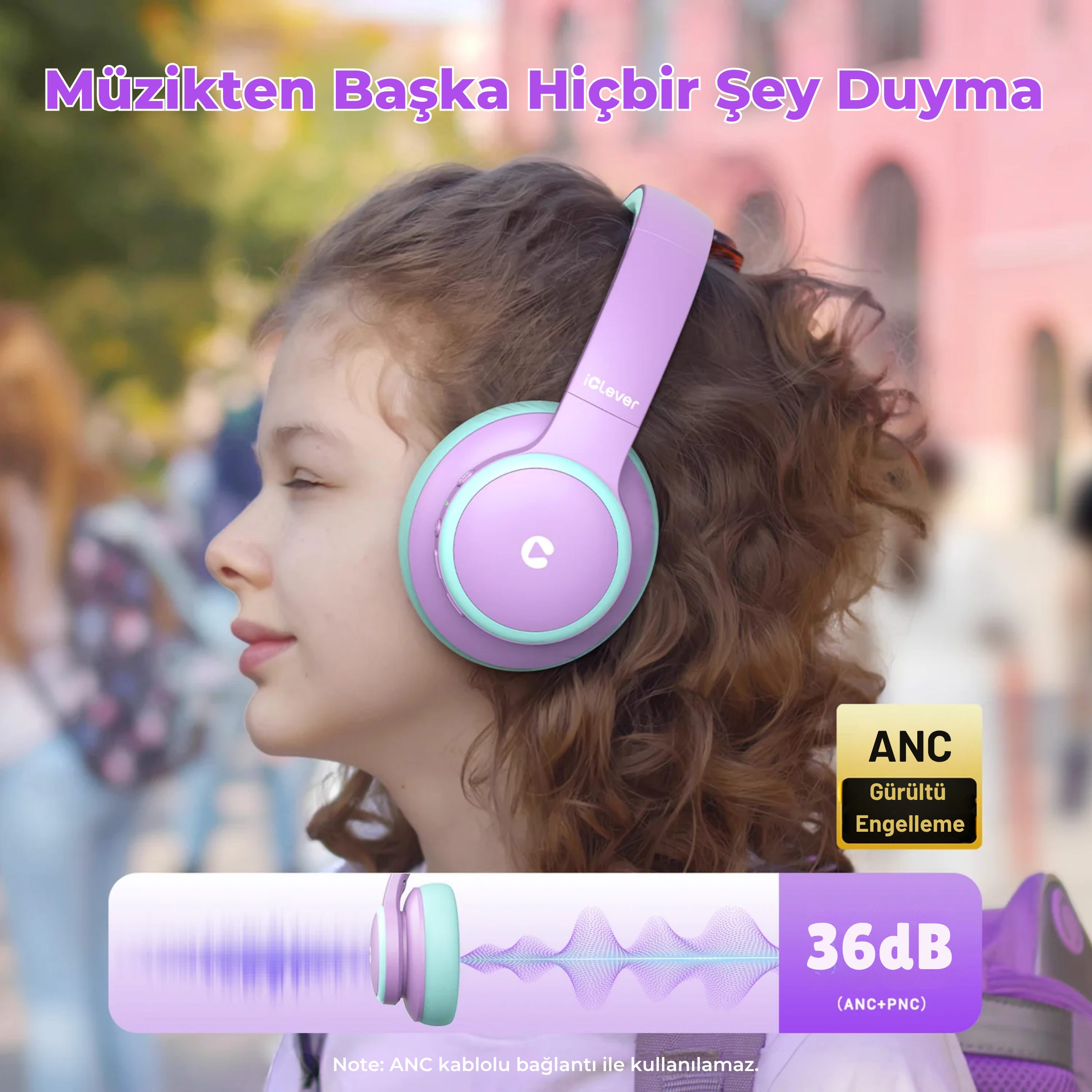 iClever BTH26 ANC Çocuk Bluetooth Kulaklık – Mor ve Yeşil