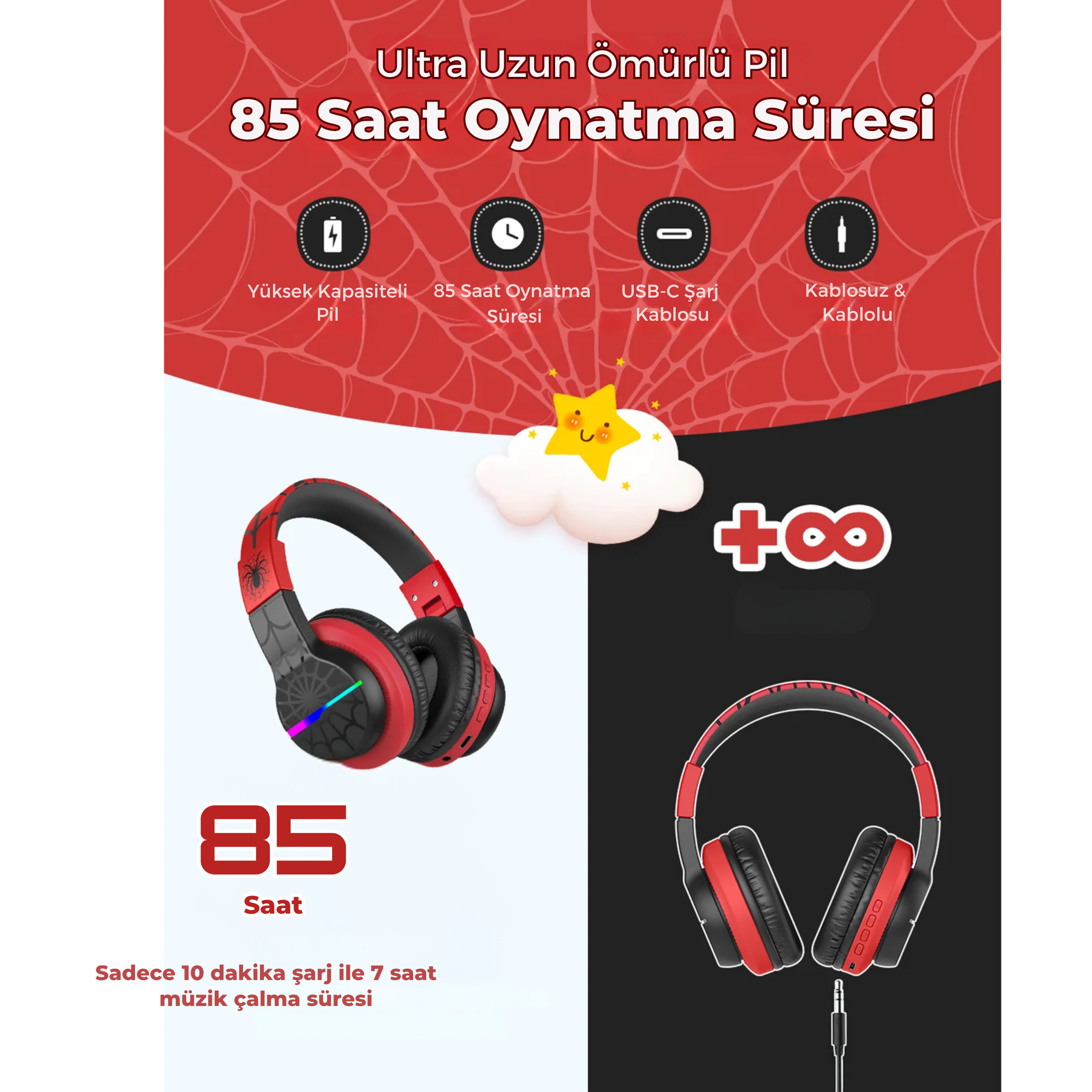 iClever BTH12 Çocuk Bluetooth Kulaklık – Siyah & Kırmızı