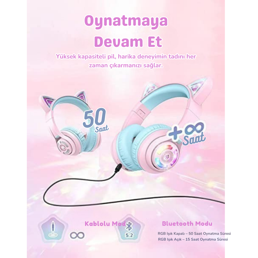iClever BTH13 Çocuk Bluetooth Kedi Kulaklık – Pembe