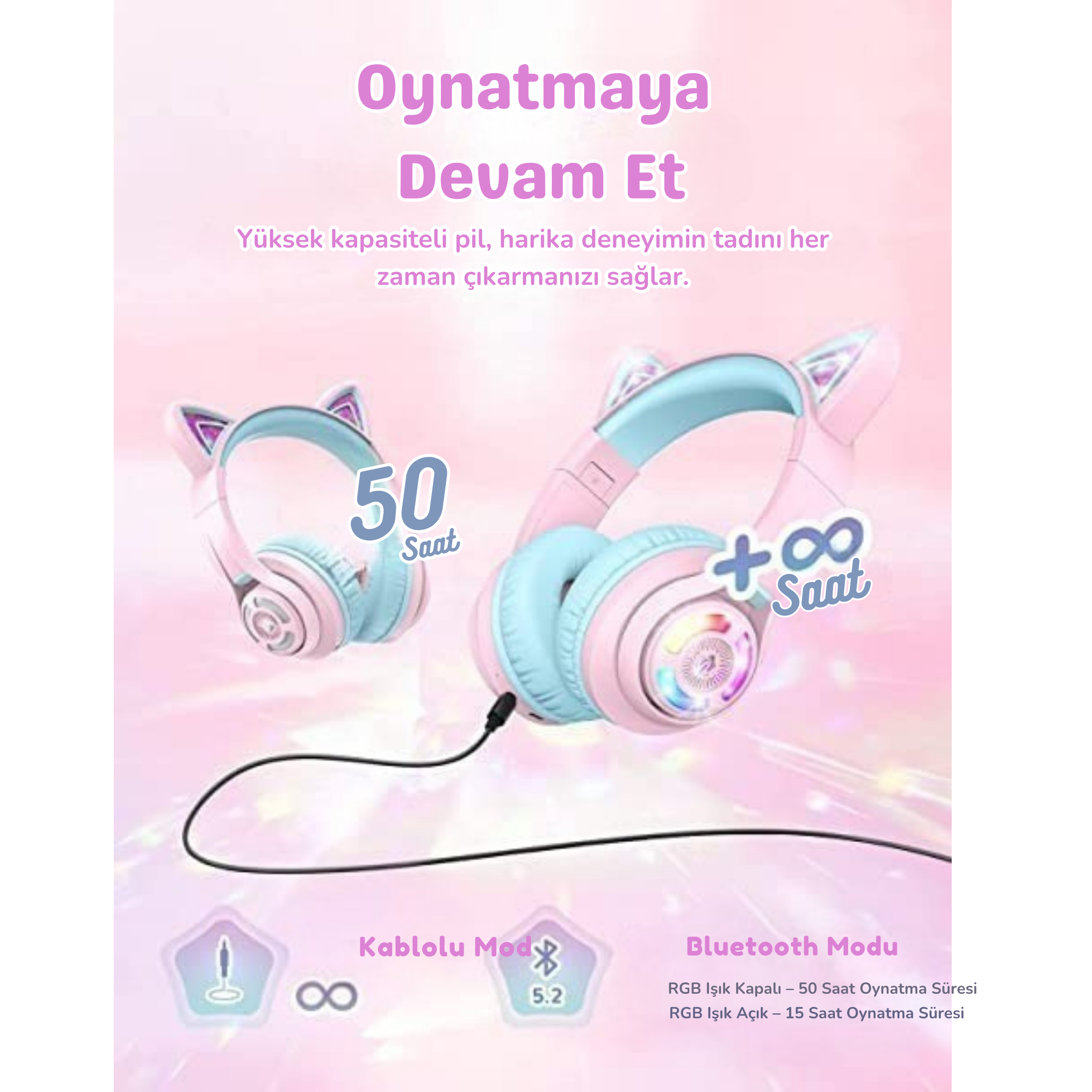 iClever BTH13 Çocuk Bluetooth Kedi Kulaklık – Pembe