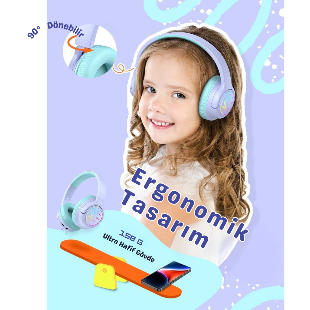 iClever BTH18 Çocuk Bluetooth Kulaklık – Mor
