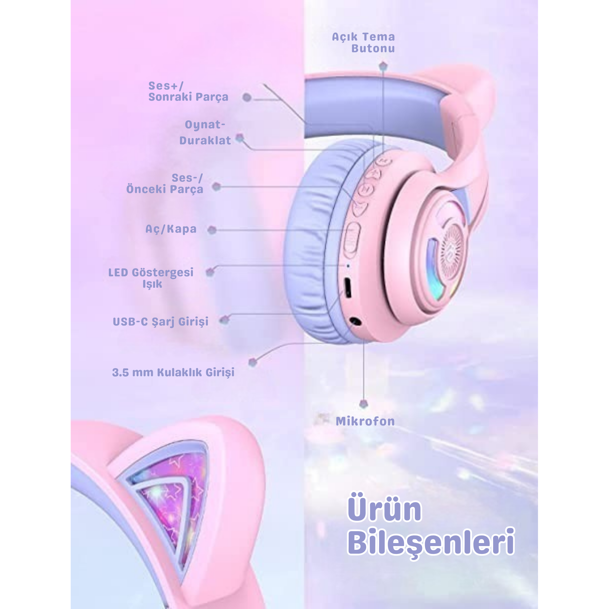 iClever BTH13 Çocuk Bluetooth Kedi Kulaklık – Mor