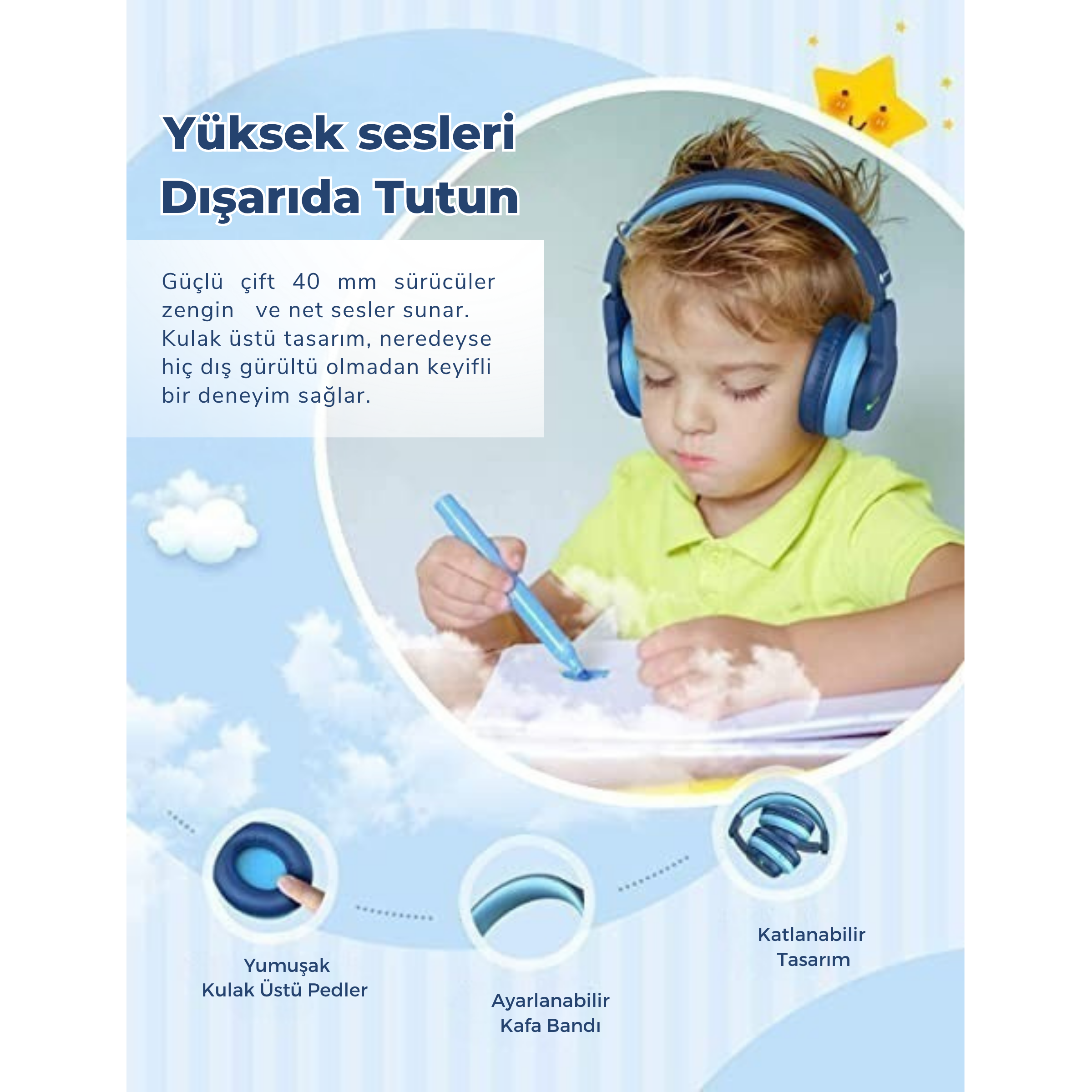 iClever BTH12 Çocuk Bluetooth Kulaklık – Mavi