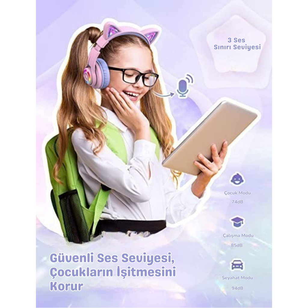 iClever BTH13 Çocuk Bluetooth Kedi Kulaklık – Mor
