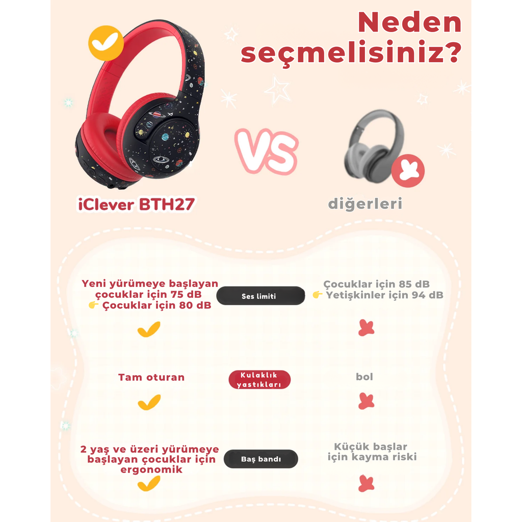 iClever BTH27 Bebek/Küçük Çocuk Bluetooth Kulaklık – Siyah