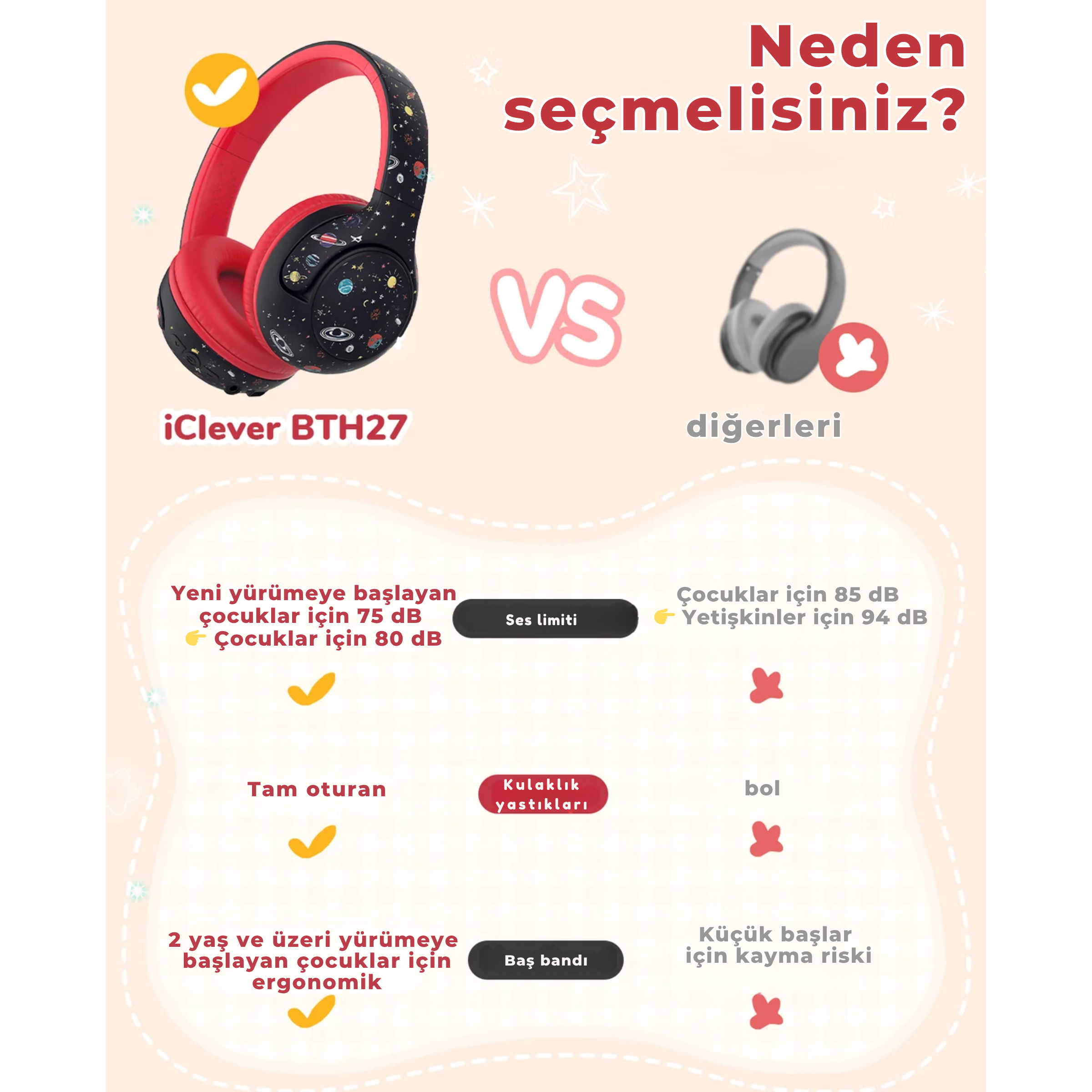 iClever BTH27 Bebek/Küçük Çocuk Bluetooth Kulaklık – Siyah