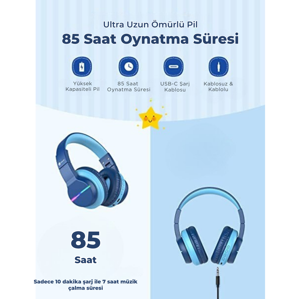 iClever BTH12 Çocuk Bluetooth Kulaklık – Mavi