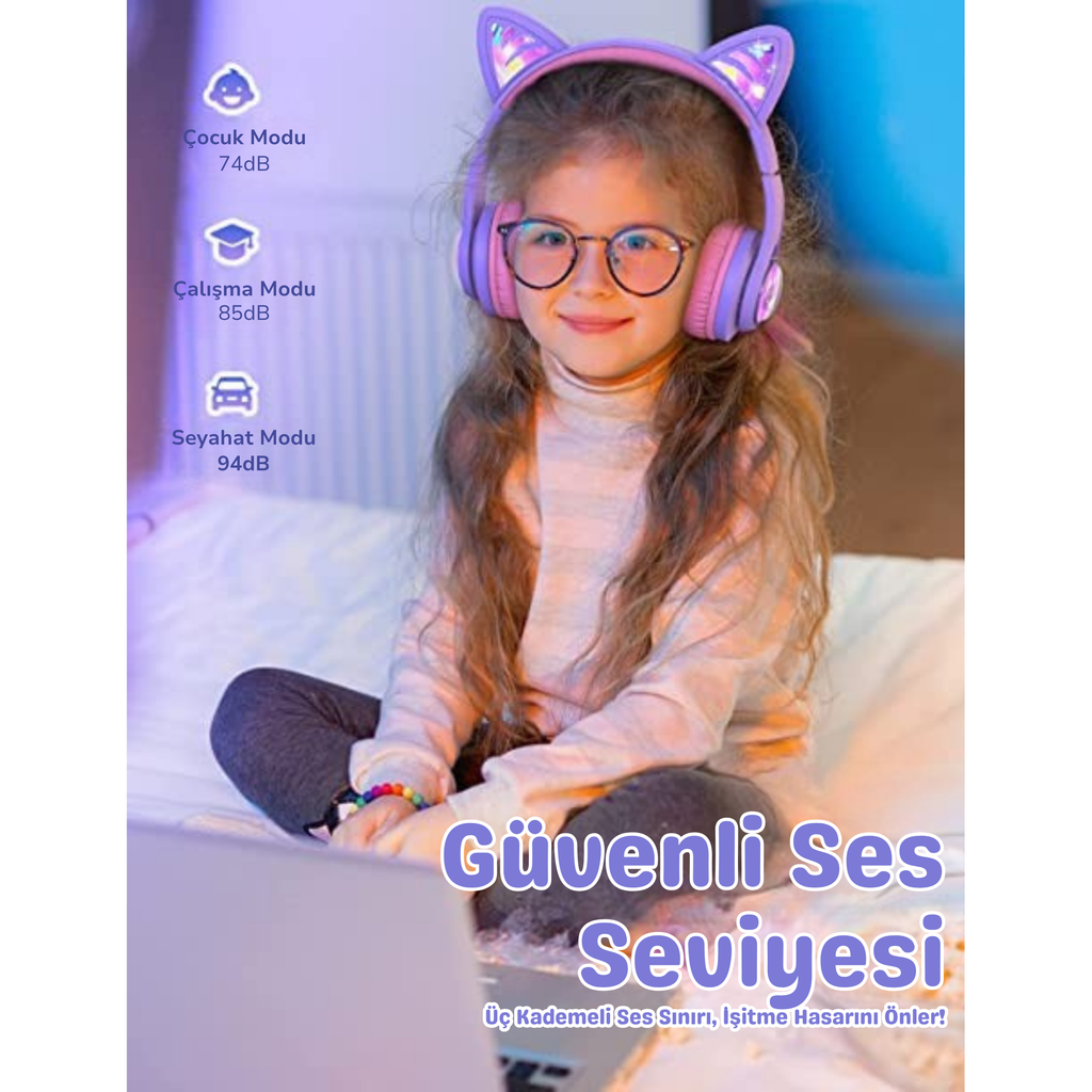 iClever BTH19 Çocuk Bluetooth Kedi Kulaklık – Mor