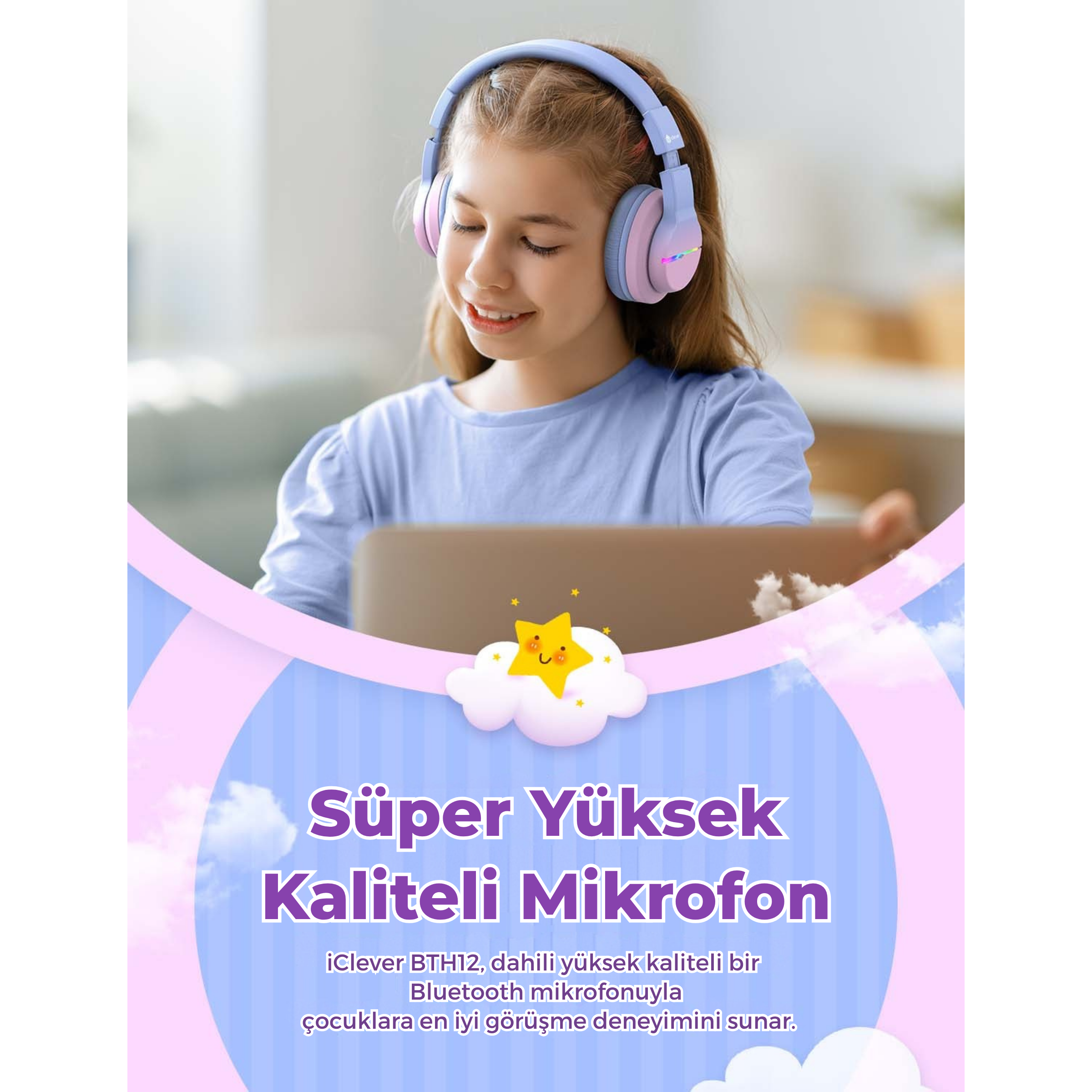 iClever BTH12 Çocuk Bluetooth Kulaklık – Gradyan Pembe