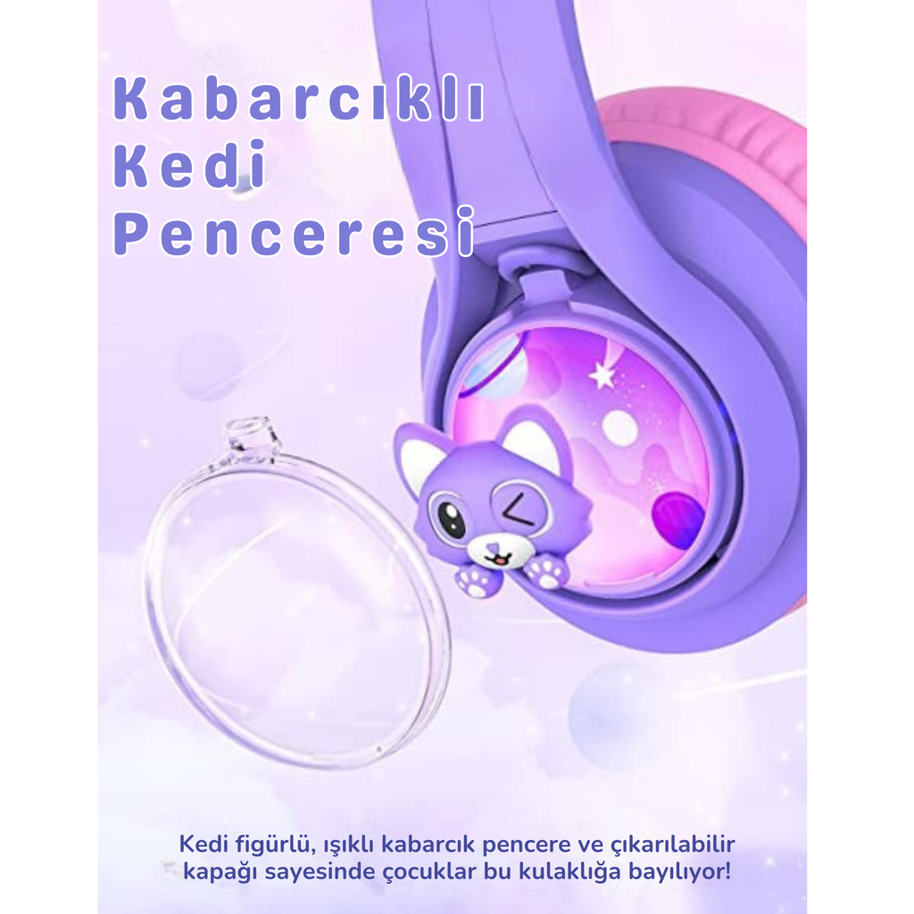 iClever BTH19 Çocuk Bluetooth Kedi Kulaklık – Mor