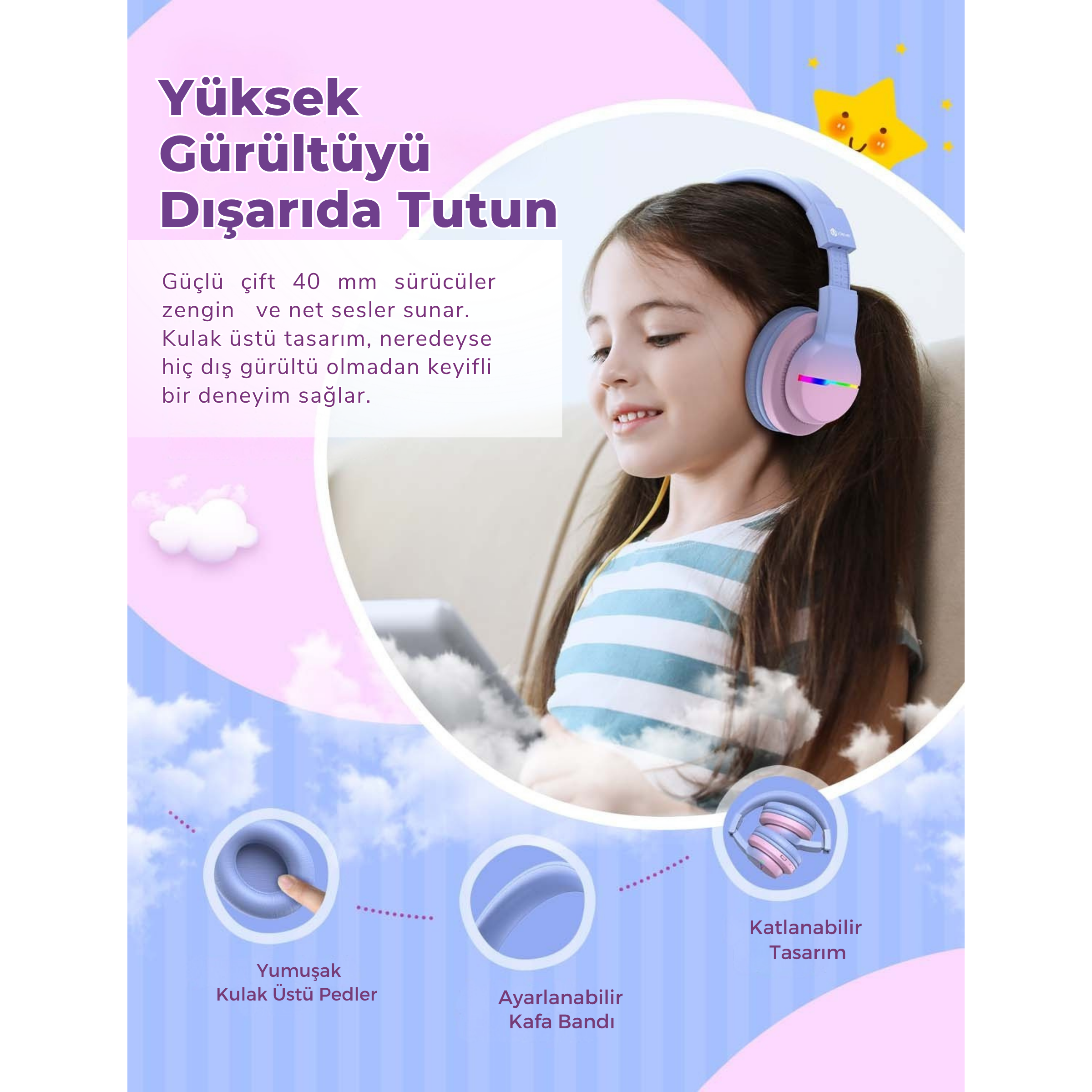iClever BTH12 Çocuk Bluetooth Kulaklık – Gradyan Pembe