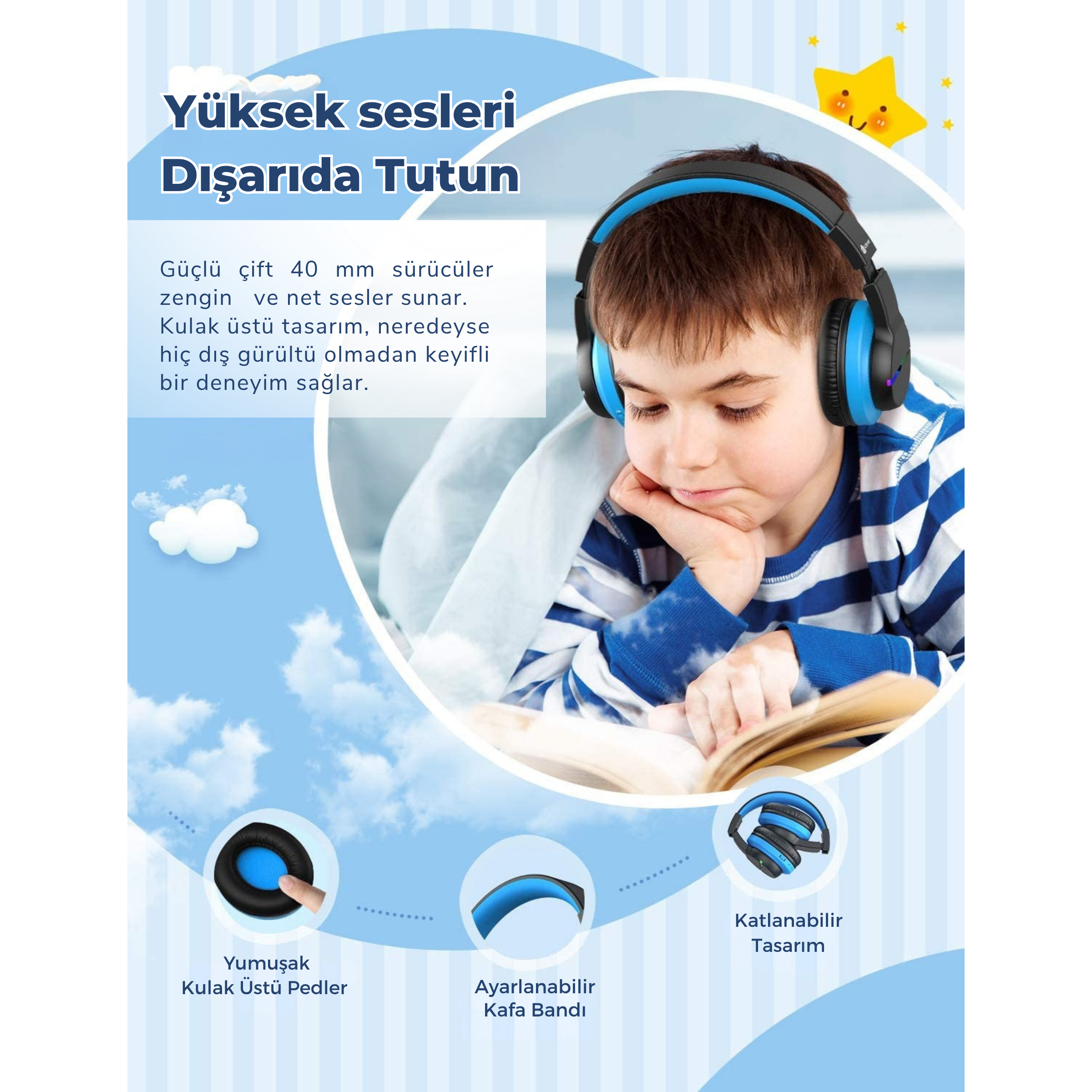 iClever BTH12 Çocuk Bluetooth Kulaklık – Siyah & Mavi