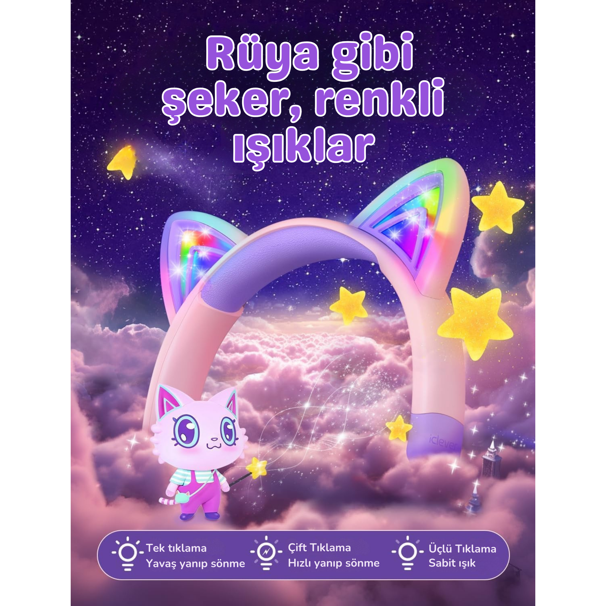 iClever BTH21 Çocuk Bluetooth Kedi Kulaklık - Mor