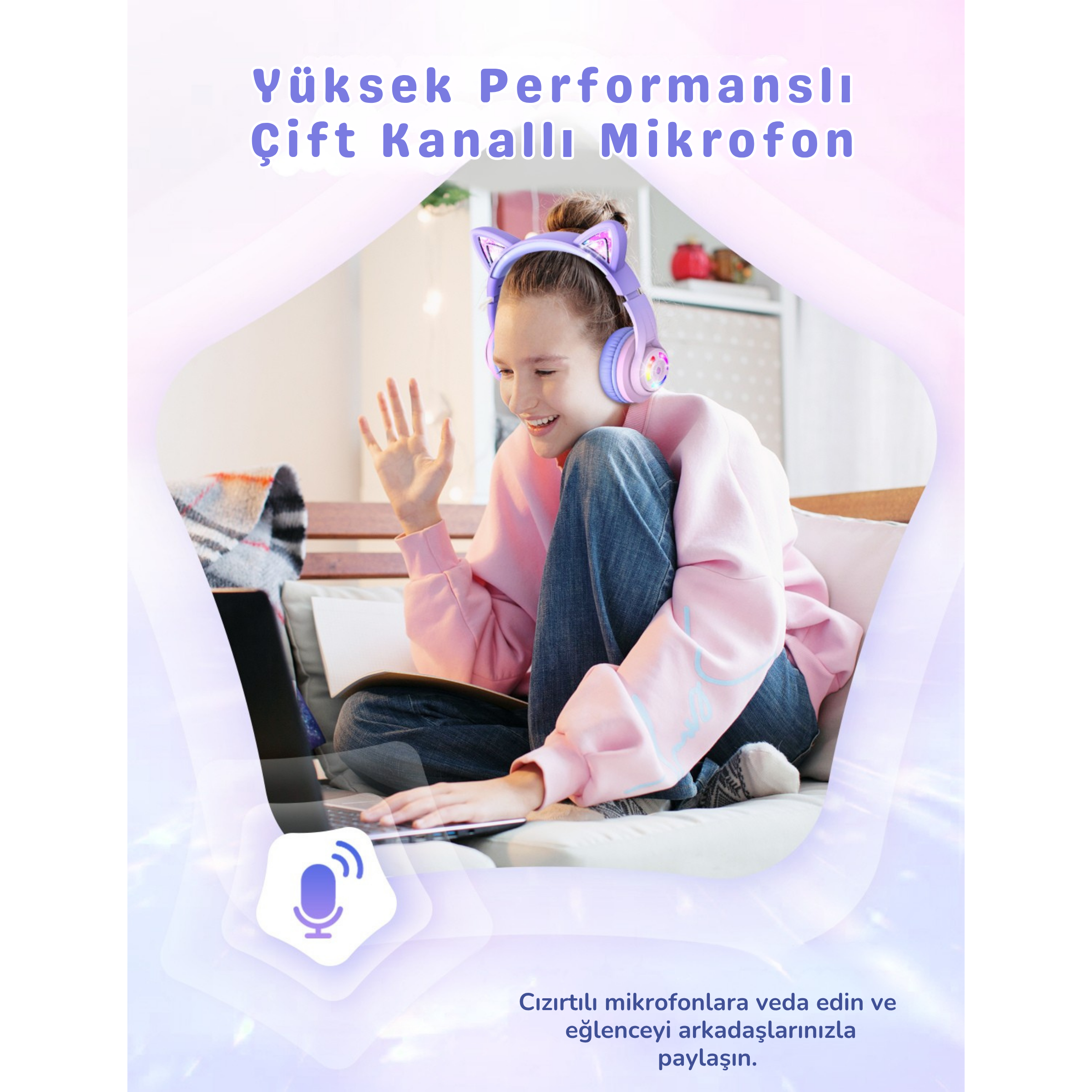 iClever BTH13 Çocuk Bluetooth Kedi Kulaklık – Gradyan Pembe