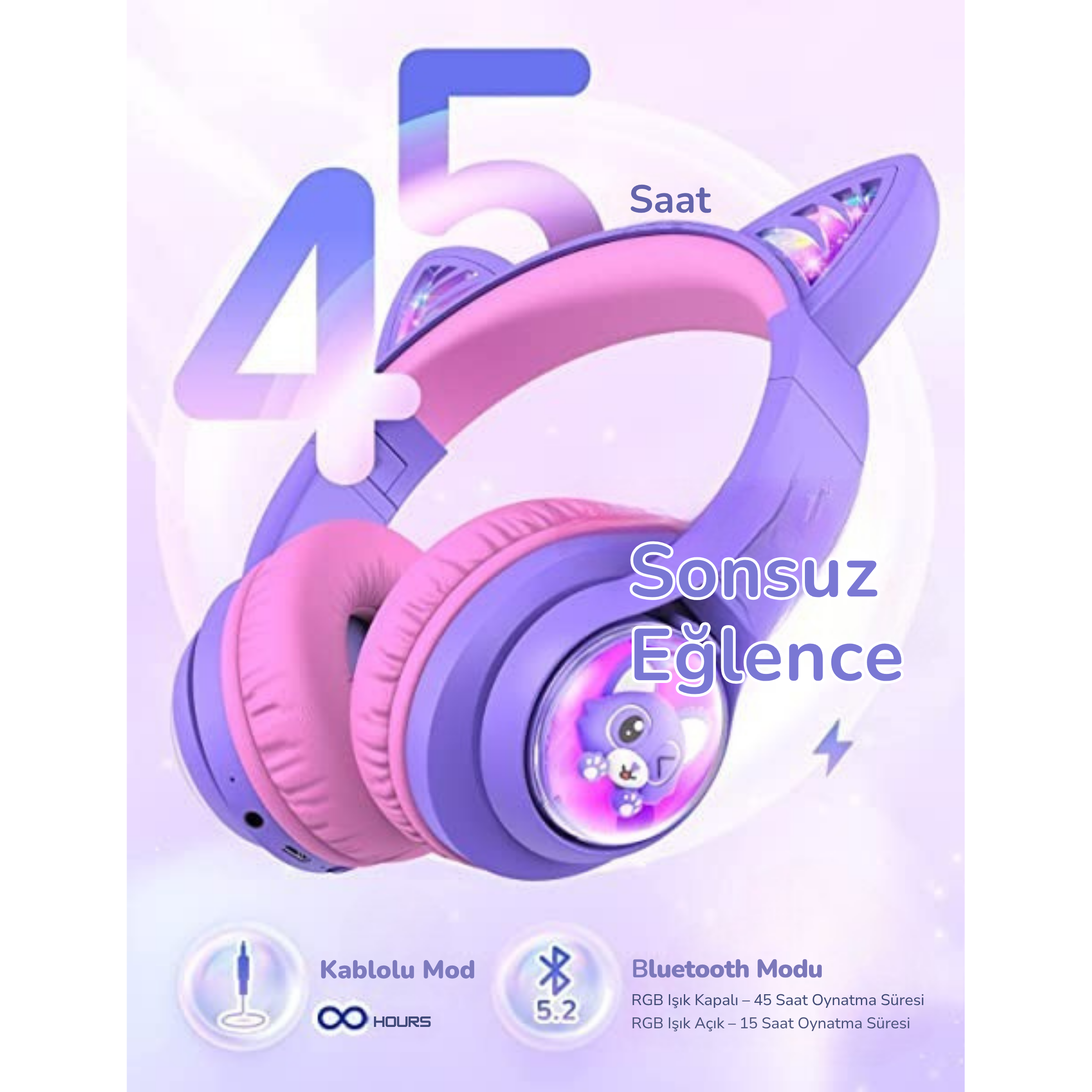 iClever BTH19 Çocuk Bluetooth Kedi Kulaklık – Mor