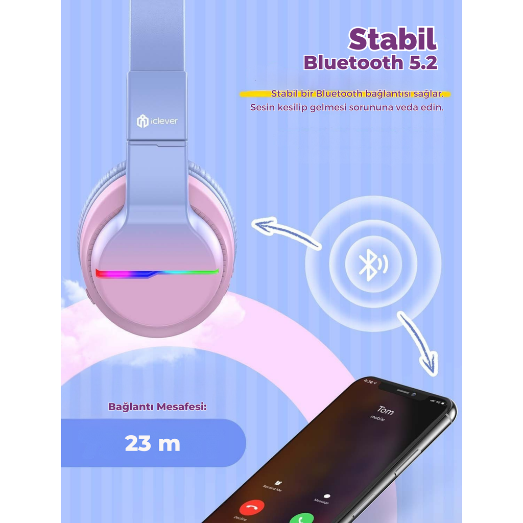 iClever BTH12 Çocuk Bluetooth Kulaklık – Gradyan Pembe