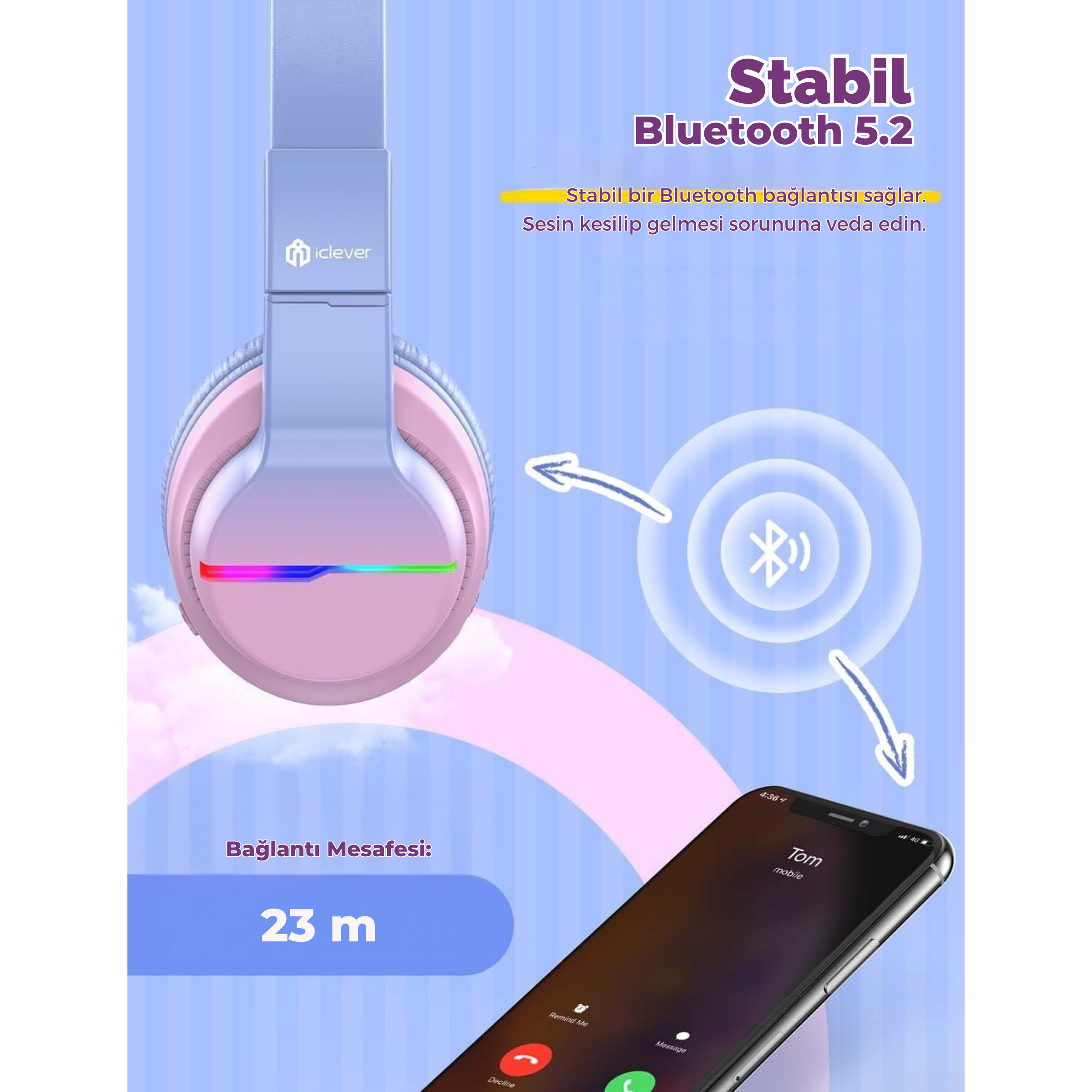 iClever BTH12 Çocuk Bluetooth Kulaklık – Gradyan Pembe