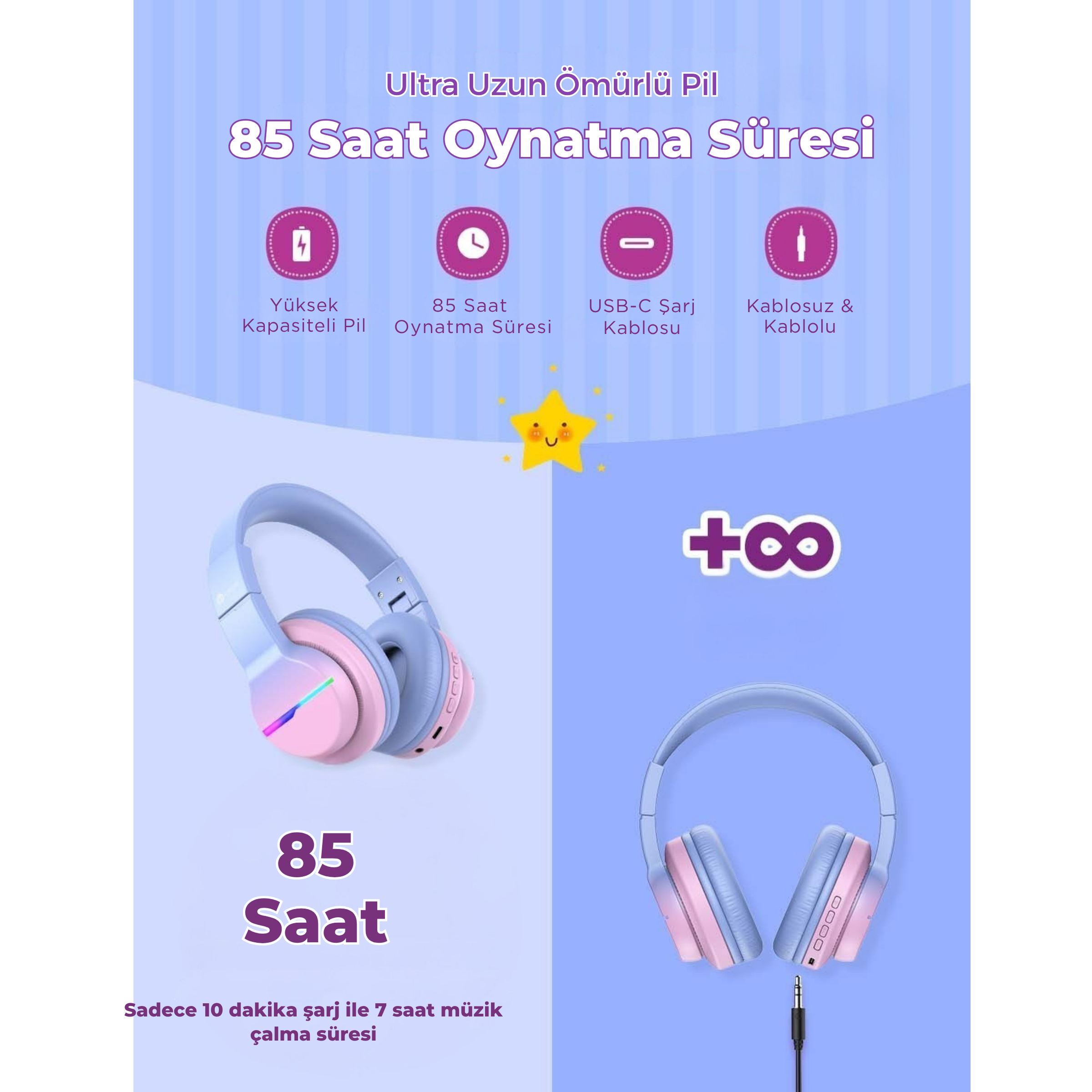 iClever BTH12 Çocuk Bluetooth Kulaklık – Gradyan Pembe