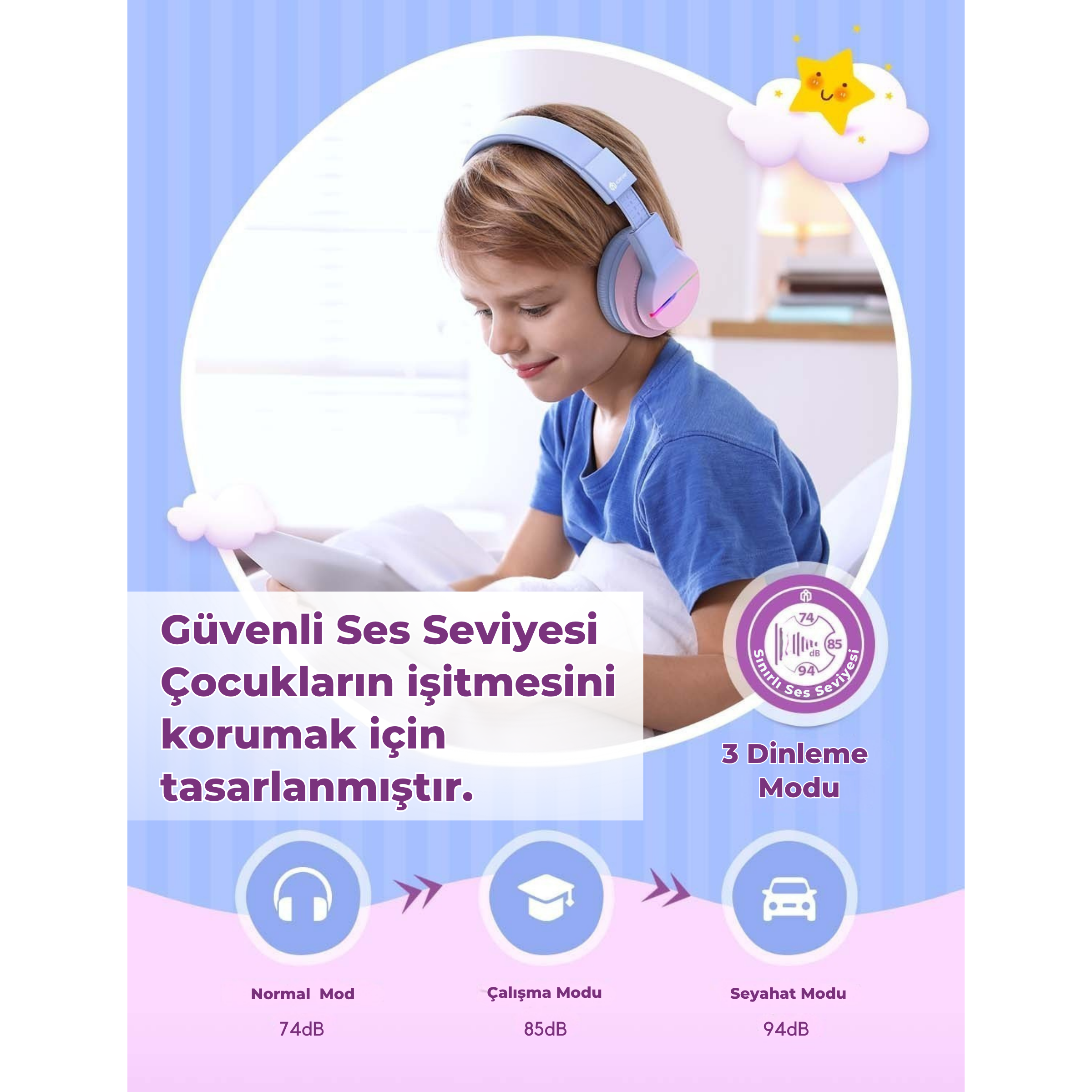 iClever BTH12 Çocuk Bluetooth Kulaklık – Gradyan Pembe