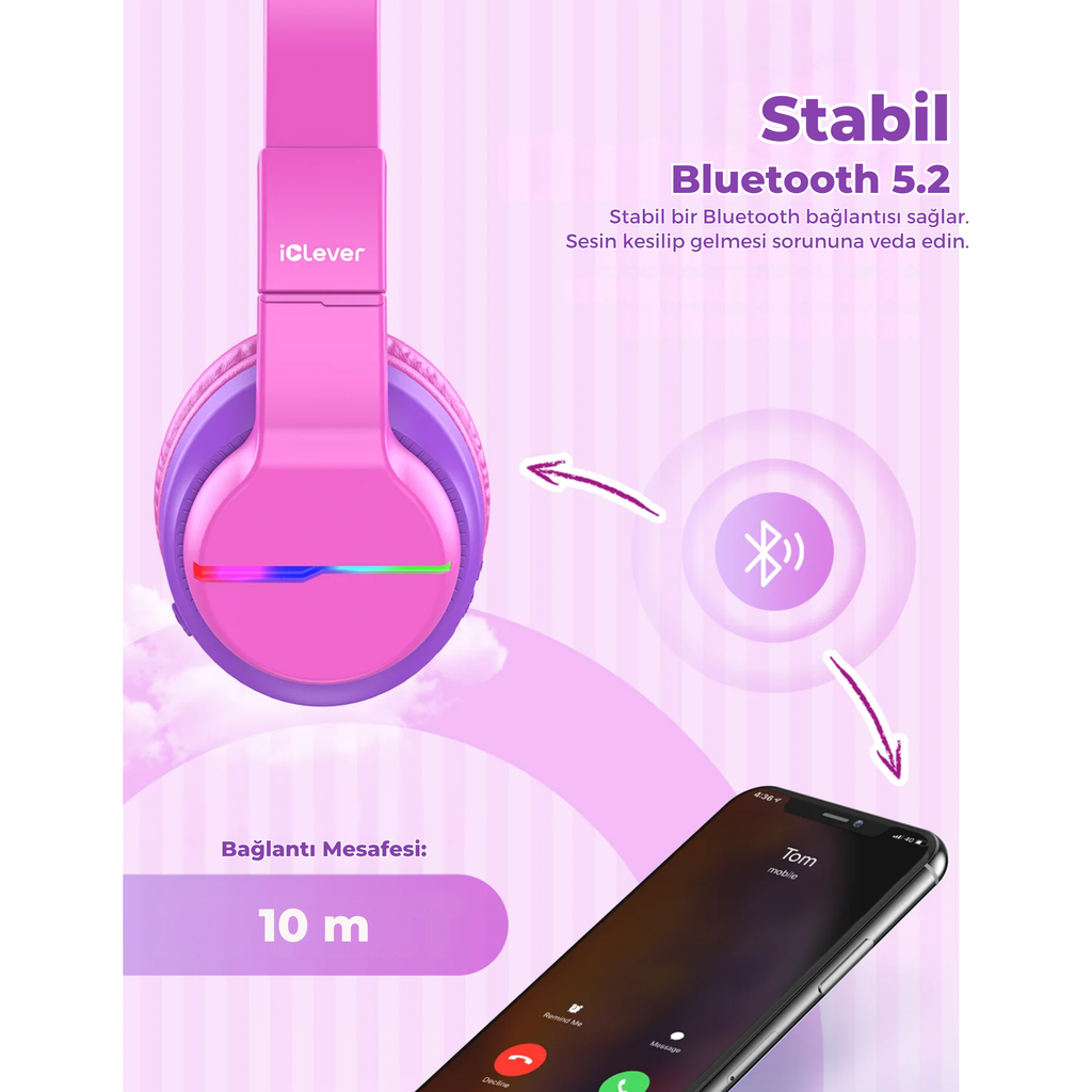 iClever BTH12 Çocuk Bluetooth Kulaklık – Sıcak Pembe
