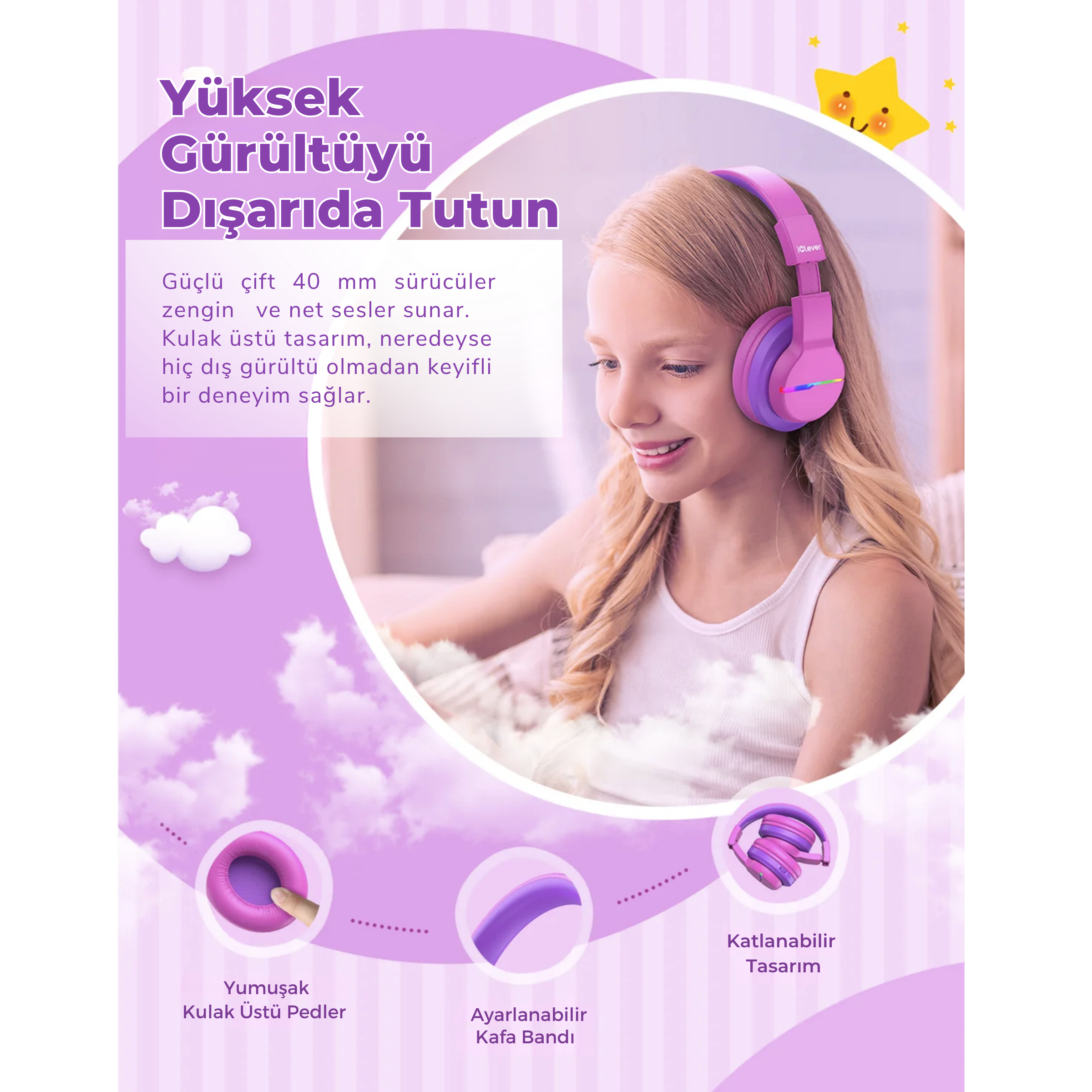 iClever BTH12 Çocuk Bluetooth Kulaklık – Sıcak Pembe