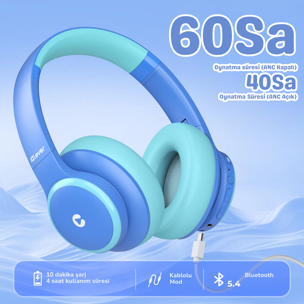 iClever BTH26 ANC Çocuk Bluetooth Kulaklık – Mavi