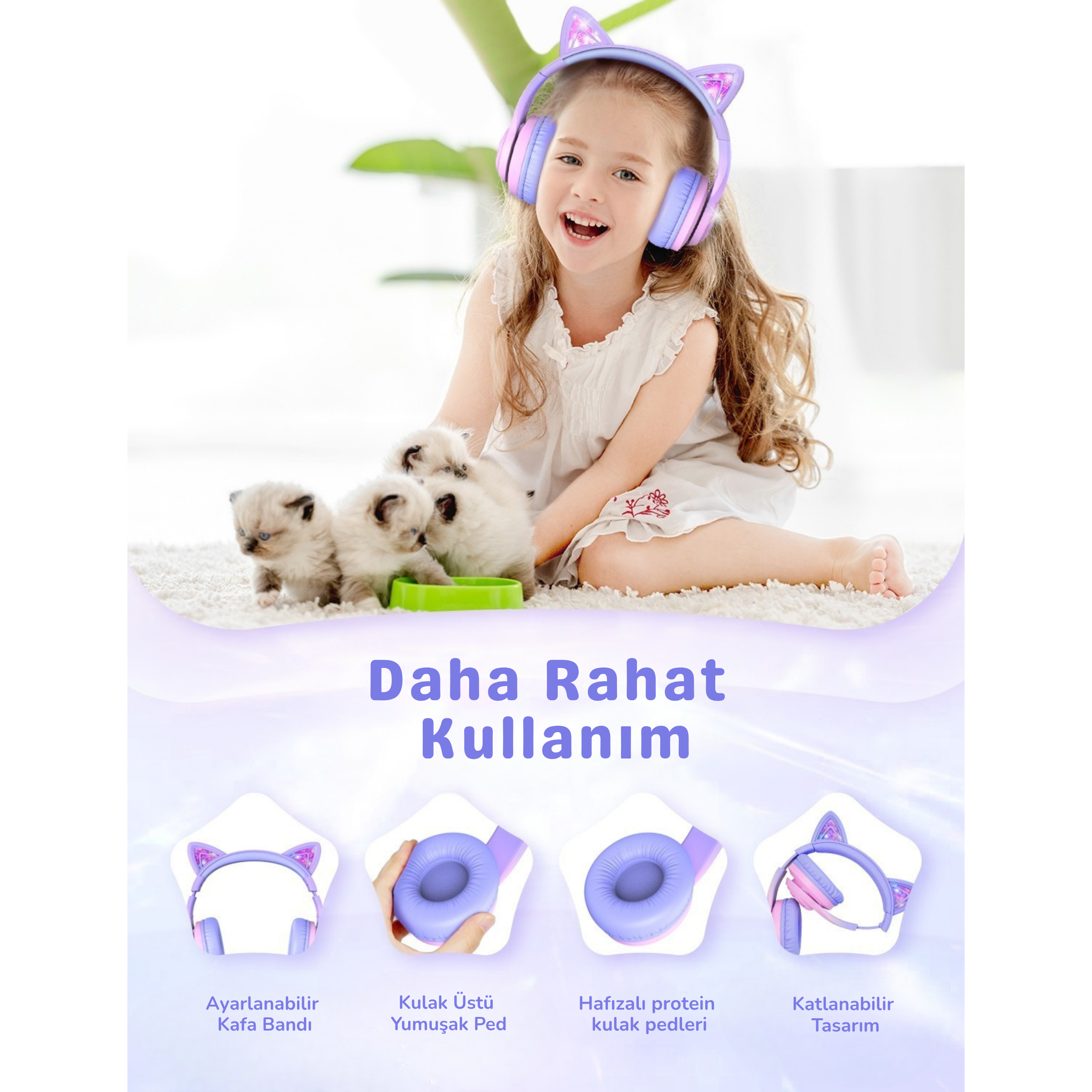 iClever BTH13 Çocuk Bluetooth Kedi Kulaklık – Gradyan Pembe