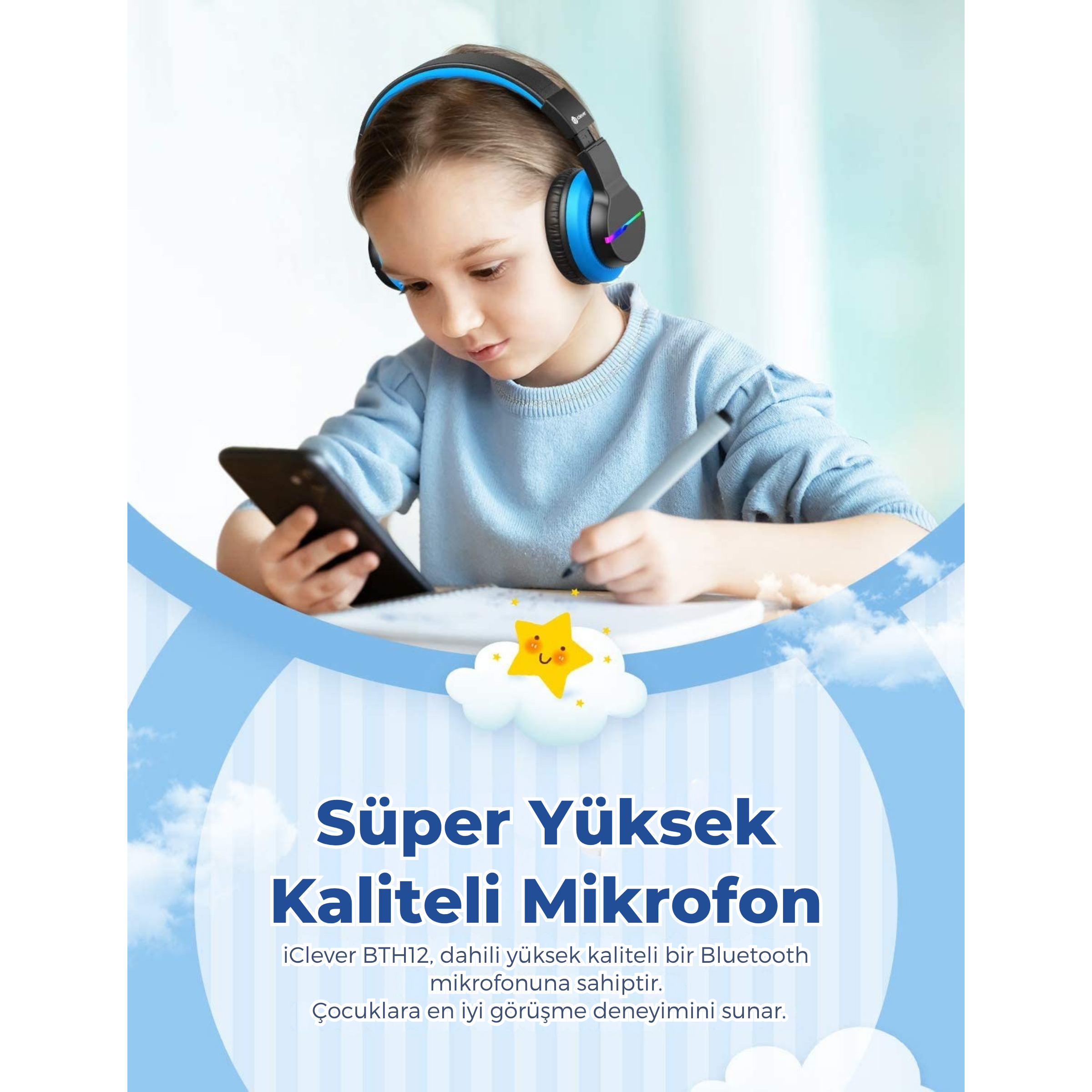 iClever BTH12 Çocuk Bluetooth Kulaklık – Siyah & Mavi