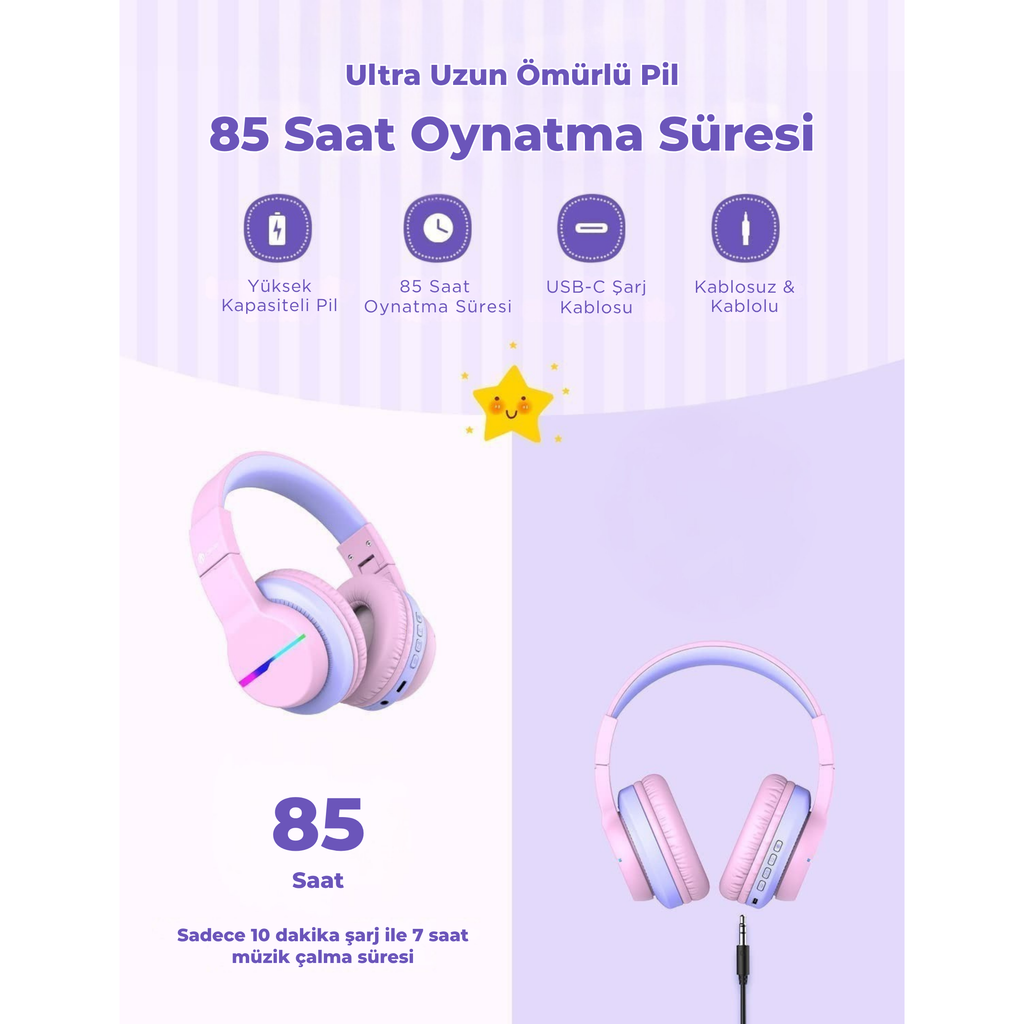 iClever BTH12 Çocuk Bluetooth Kulaklık – Pembe