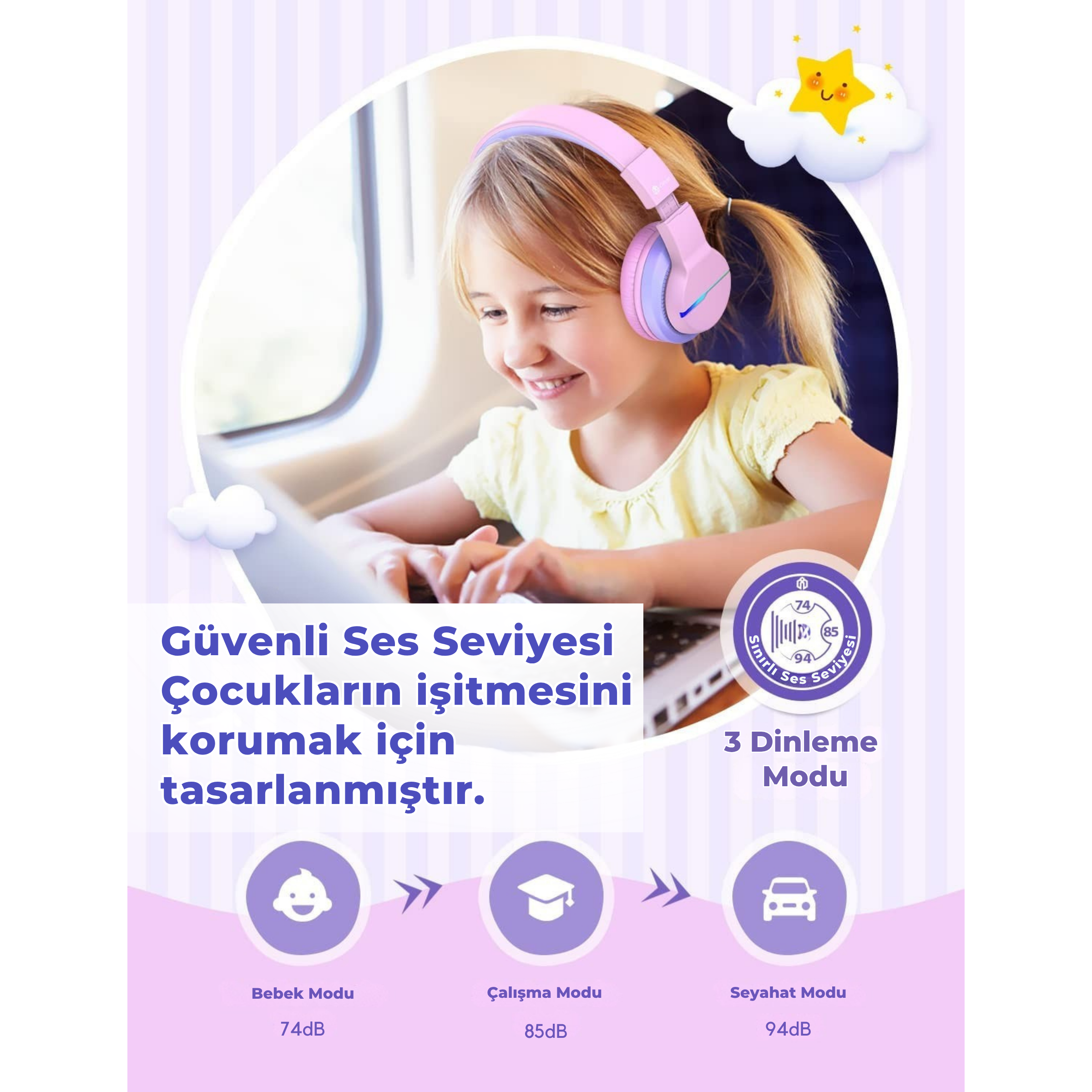 iClever BTH12 Çocuk Bluetooth Kulaklık – Pembe
