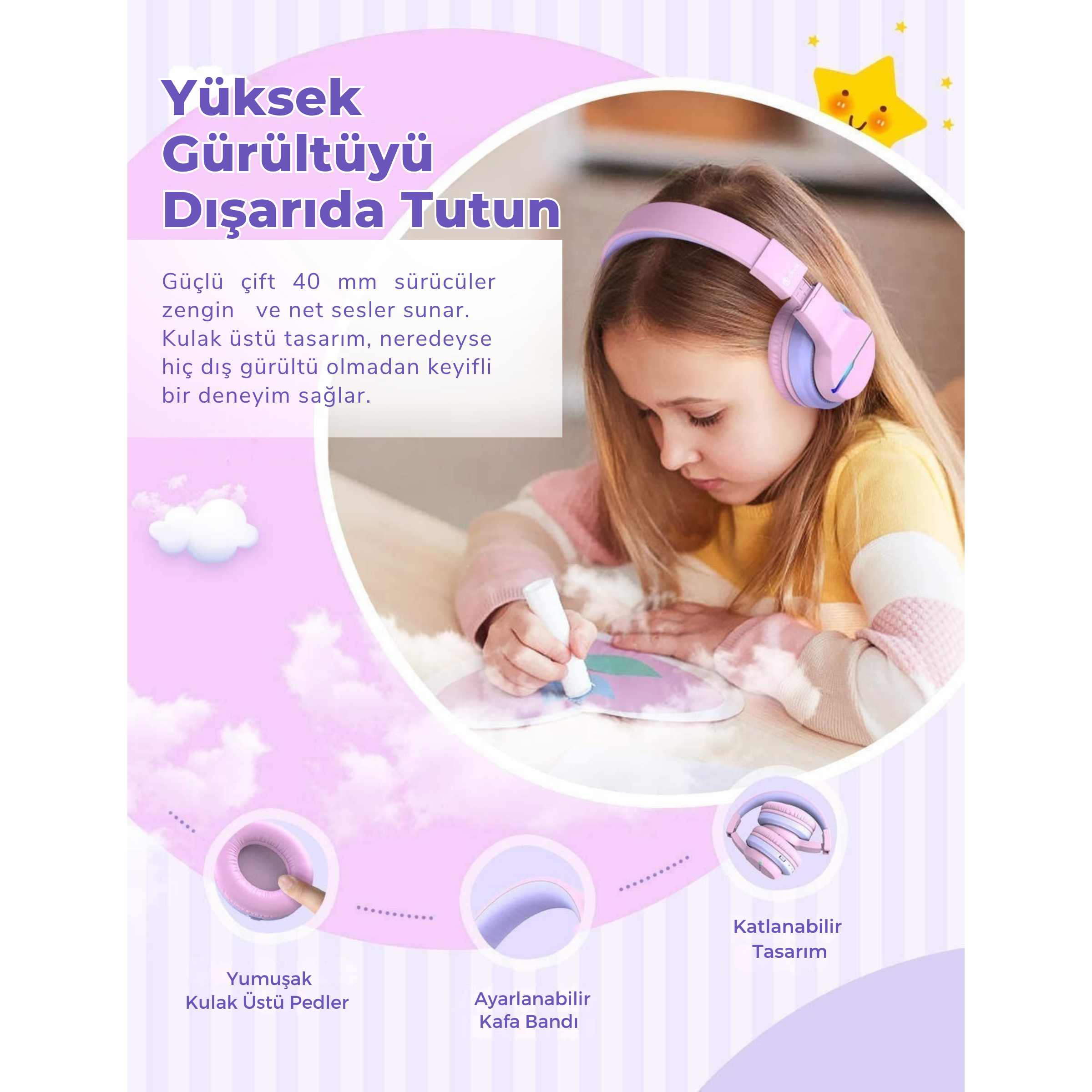 iClever BTH12 Çocuk Bluetooth Kulaklık – Pembe