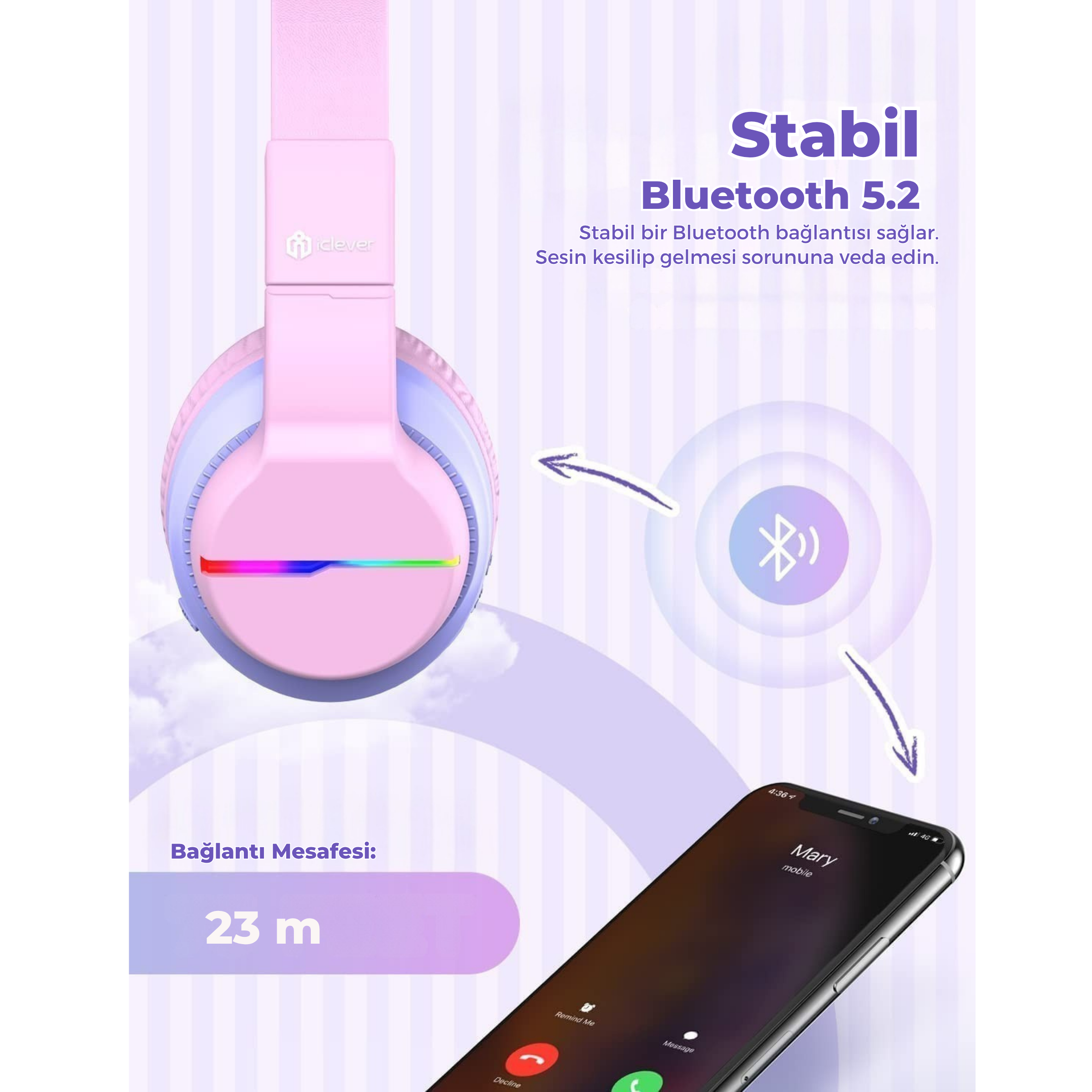 iClever BTH12 Çocuk Bluetooth Kulaklık – Pembe