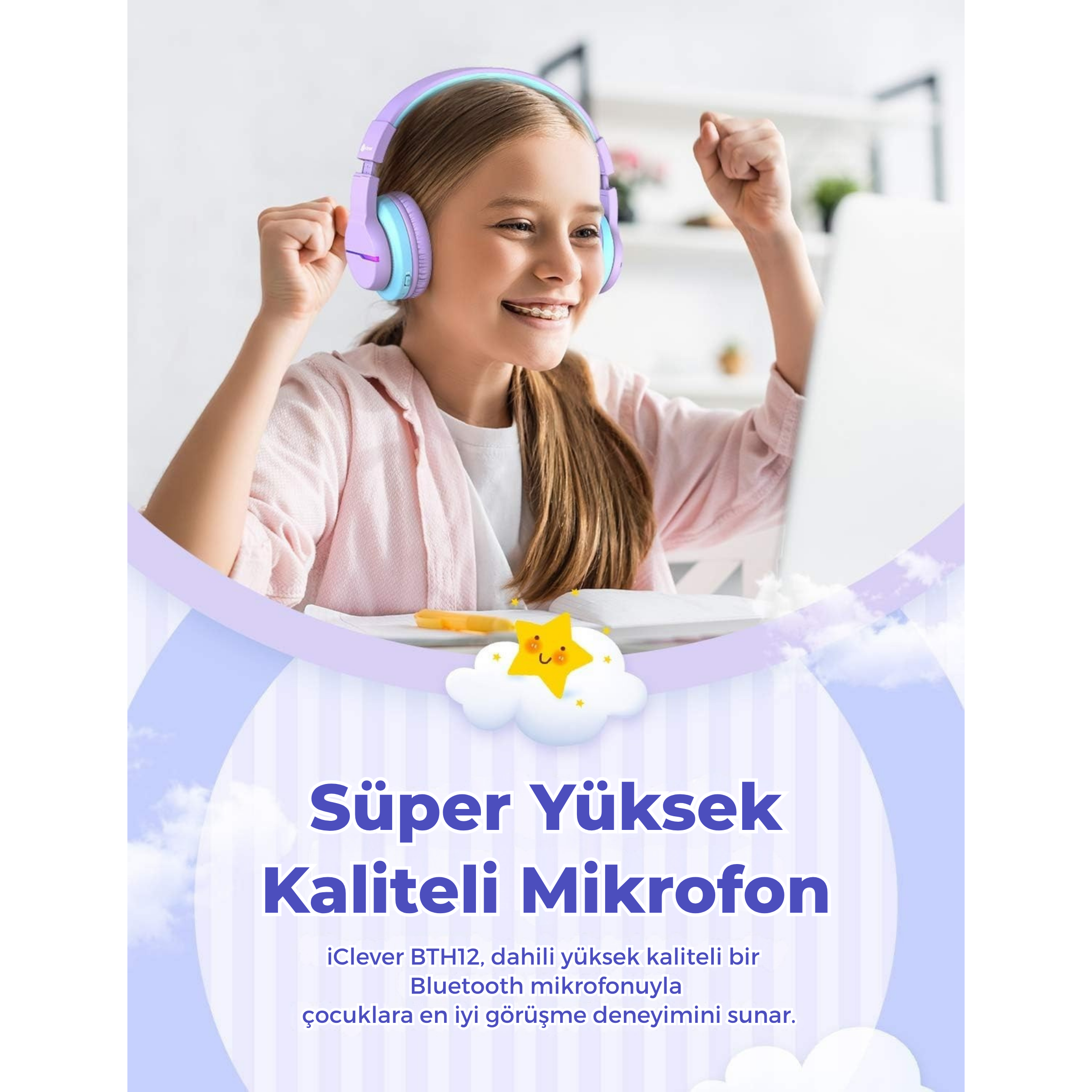 iClever BTH12 Çocuk Bluetooth Kulaklık – Mor