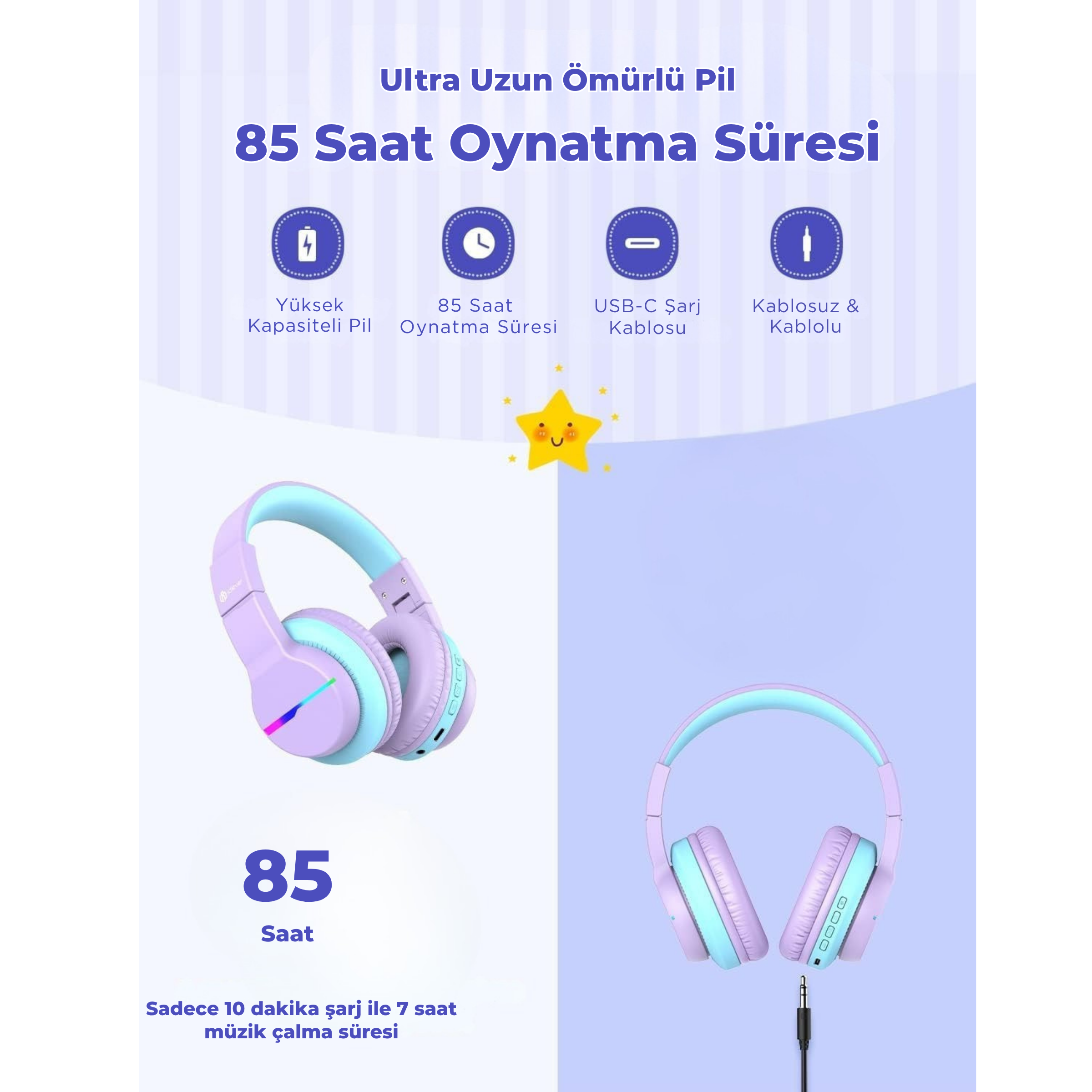 iClever BTH12 Çocuk Bluetooth Kulaklık – Mor