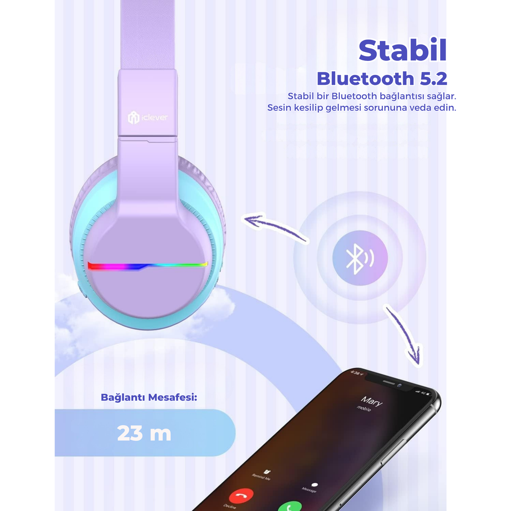 iClever BTH12 Çocuk Bluetooth Kulaklık – Mor