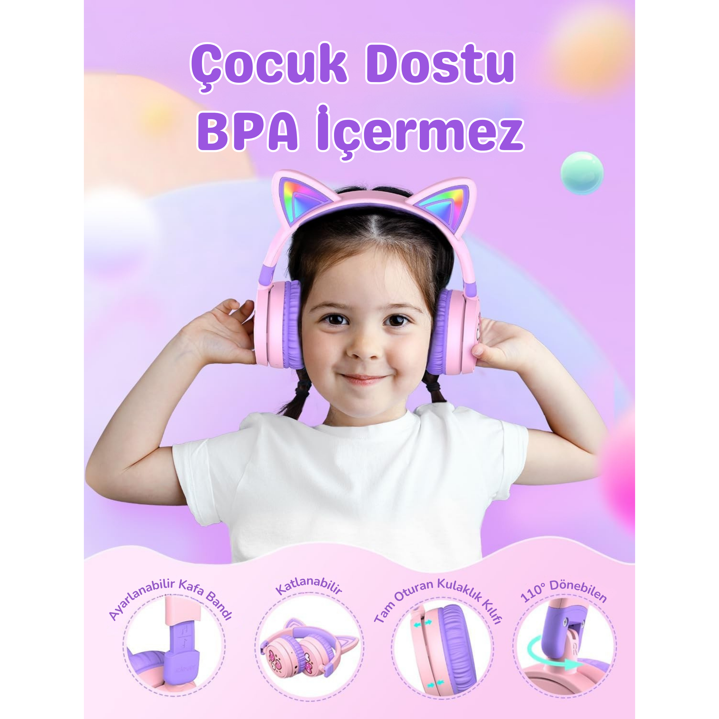 iClever BTH21 Çocuk Bluetooth Kedi Kulaklık - Mor