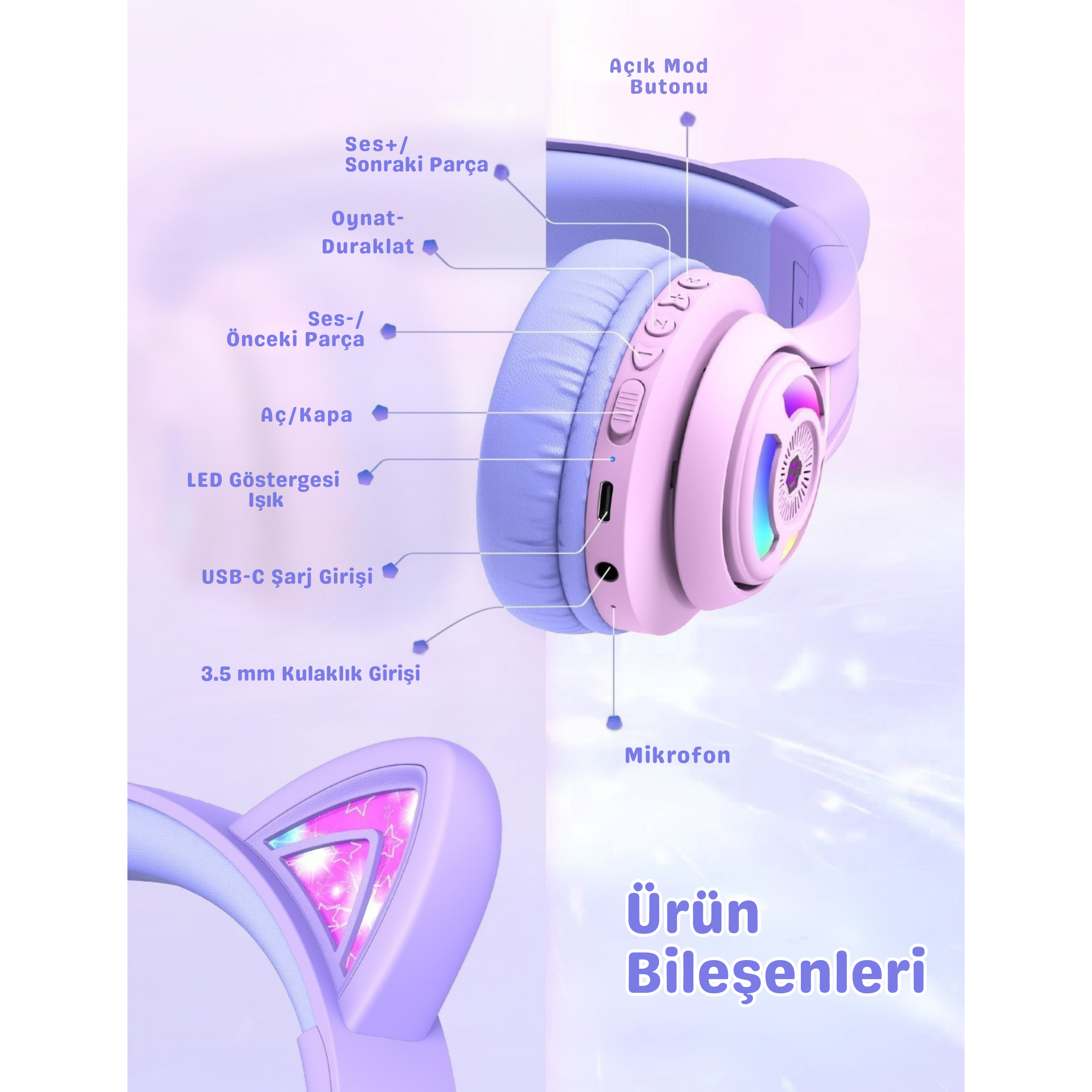 iClever BTH13 Çocuk Bluetooth Kedi Kulaklık – Gradyan Pembe