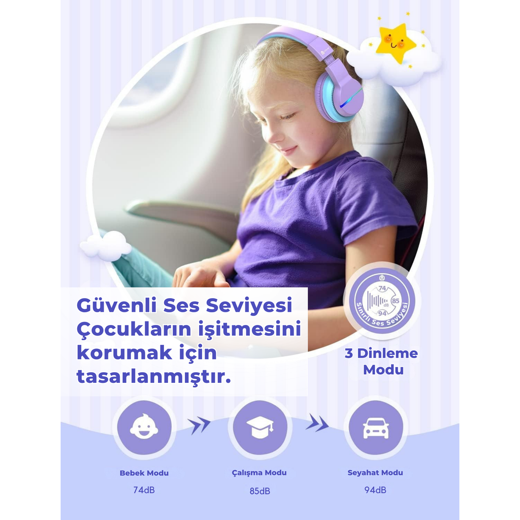 iClever BTH12 Çocuk Bluetooth Kulaklık – Mor