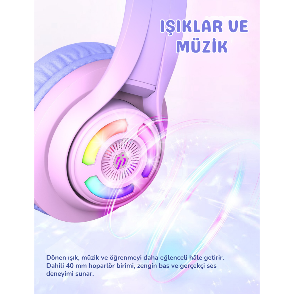 iClever BTH13 Çocuk Bluetooth Kedi Kulaklık – Gradyan Pembe