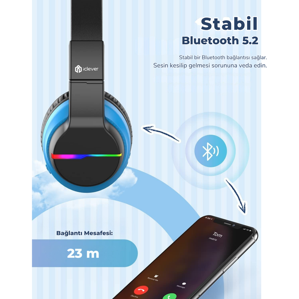 iClever BTH12 Çocuk Bluetooth Kulaklık – Siyah & Mavi