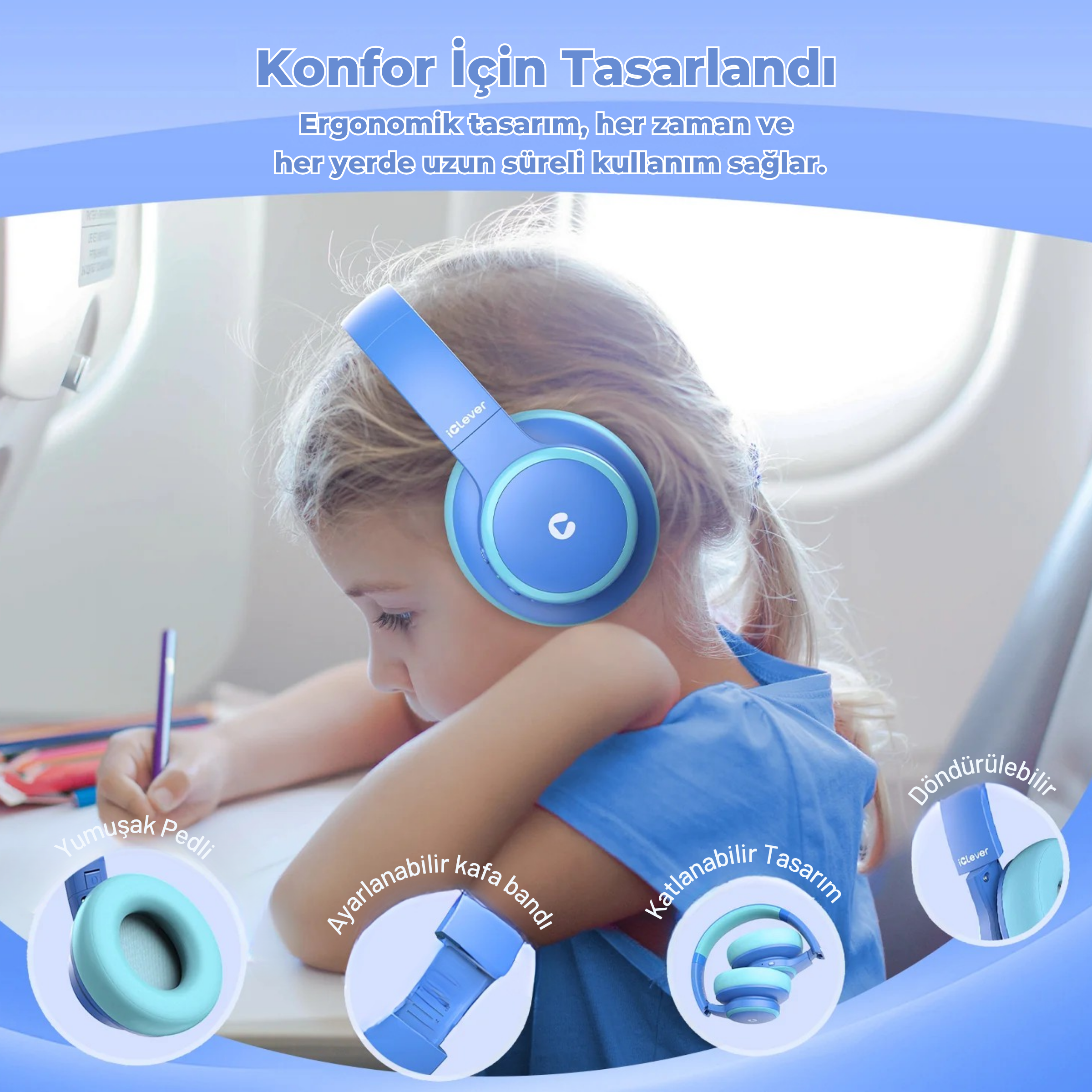 iClever BTH26 ANC Çocuk Bluetooth Kulaklık – Mavi