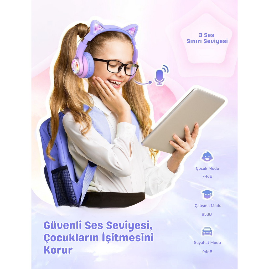 iClever BTH13 Çocuk Bluetooth Kedi Kulaklık – Gradyan Pembe