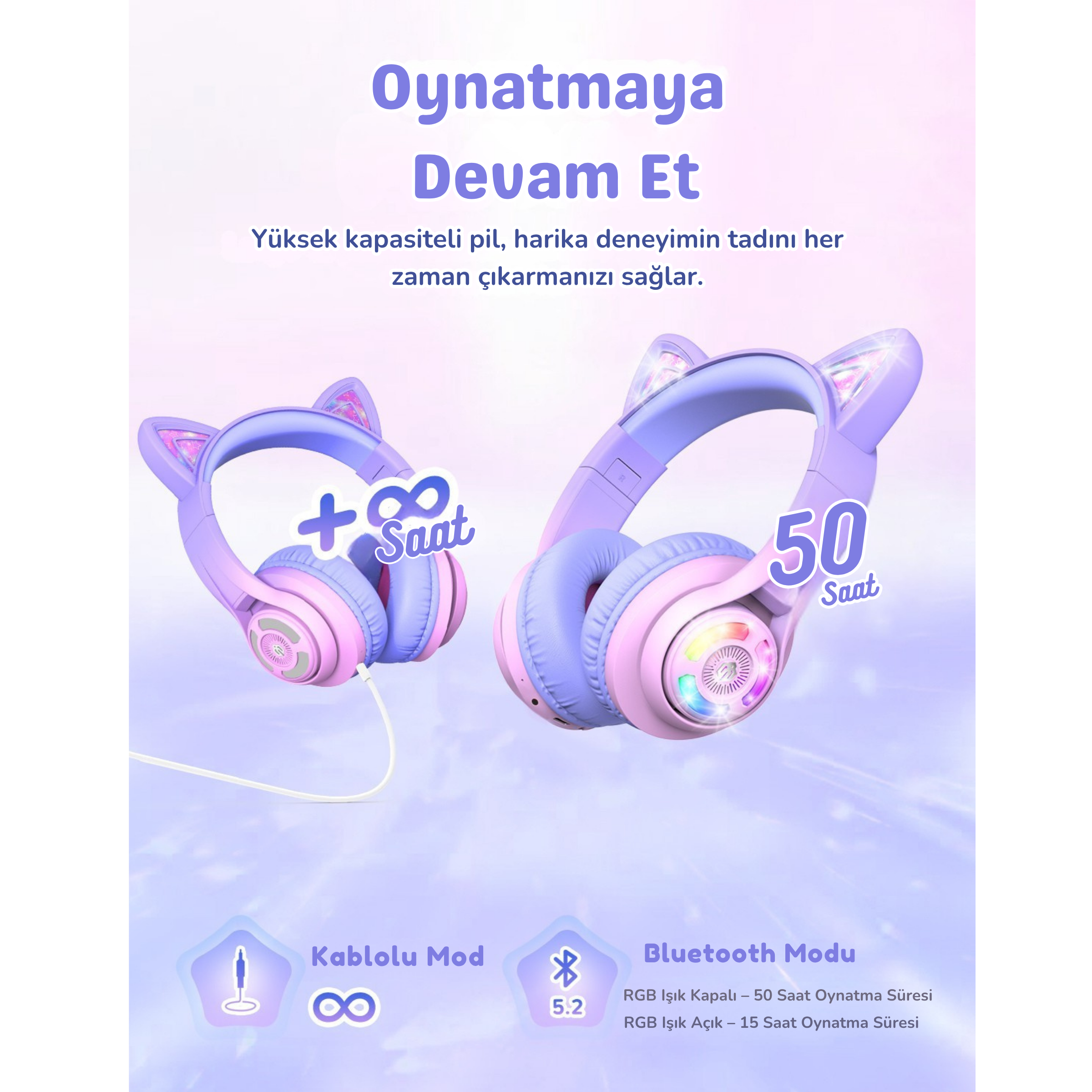 iClever BTH13 Çocuk Bluetooth Kedi Kulaklık – Gradyan Pembe