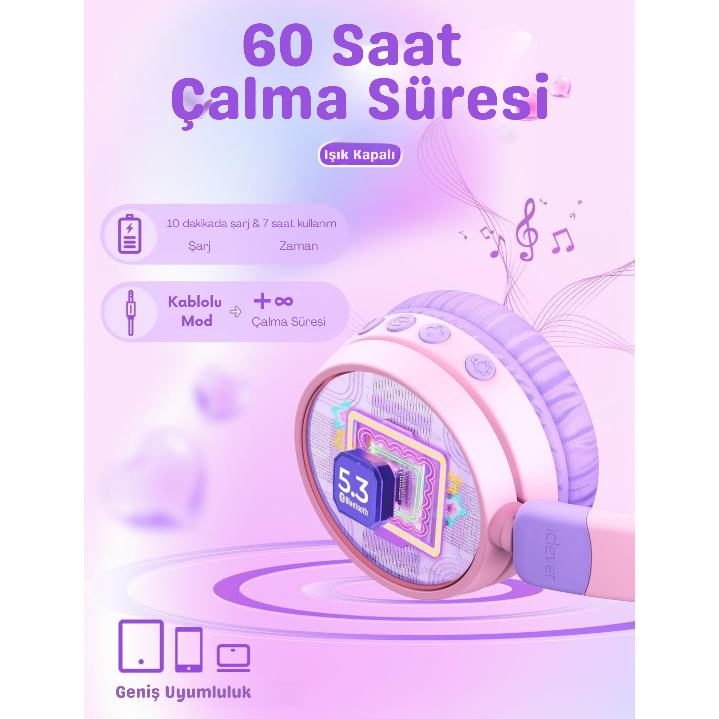 iClever BTH21 Çocuk Bluetooth Kedi Kulaklık - Mor