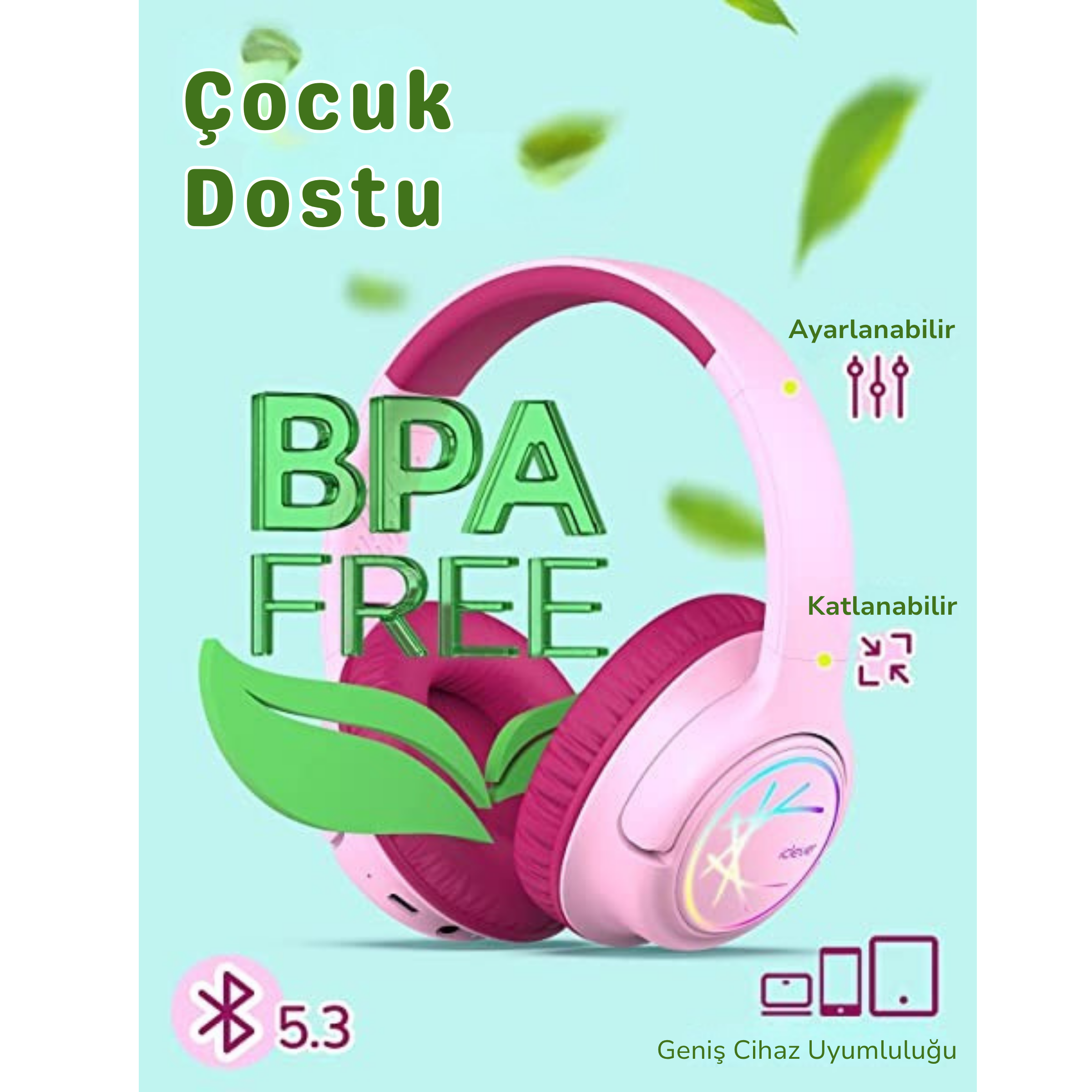 iClever BTH18 Çocuk Bluetooth Kulaklık – Pembe