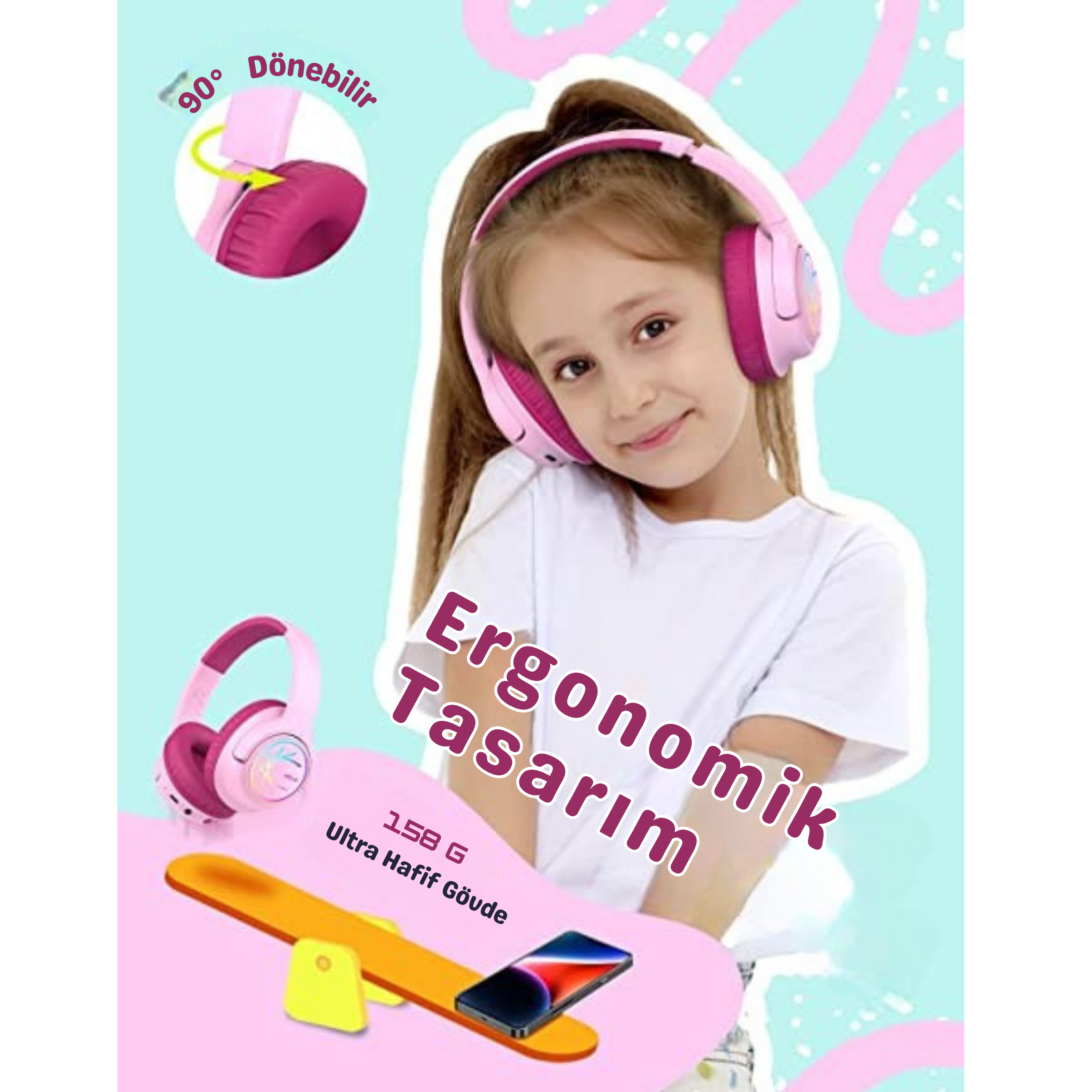 iClever BTH18 Çocuk Bluetooth Kulaklık – Pembe