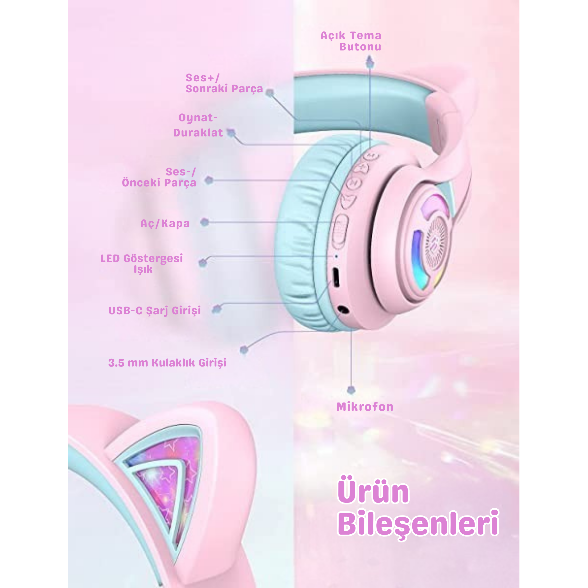 iClever BTH13 Çocuk Bluetooth Kedi Kulaklık – Pembe