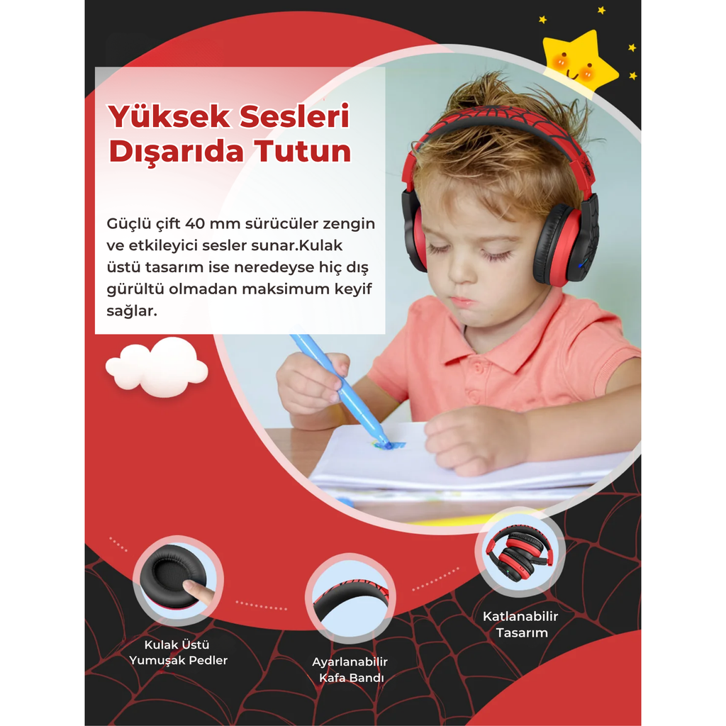 iClever BTH12 Çocuk Bluetooth Kulaklık – Siyah & Kırmızı